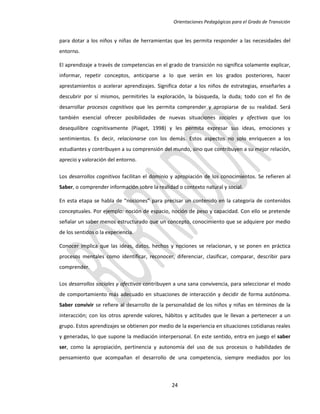 Orientaciones Pedagógicas para el Grado de Transición


para dotar a los niños y niñas de herramientas que les permita responder a las necesidades del
entorno.

El aprendizaje a través de competencias en el grado de transición no significa solamente explicar,
informar, repetir conceptos, anticiparse a lo que verán en los grados posteriores, hacer
aprestamientos o acelerar aprendizajes. Significa dotar a los niños de estrategias, enseñarles a
descubrir por sí mismos, permitirles la exploración, la búsqueda, la duda; todo con el fin de
desarrollar procesos cognitivos que les permita comprender y apropiarse de su realidad. Será
también esencial ofrecer posibilidades de nuevas situaciones sociales y afectivas que los
desequilibre cognitivamente (Piaget, 1998) y les permita expresar sus ideas, emociones y
sentimientos. Es decir, relacionarse con los demás. Estos aspectos no solo enriquecen a los
estudiantes y contribuyen a su comprensión del mundo, sino que contribuyen a su mejor relación,
aprecio y valoración del entorno.

Los desarrollos cognitivos facilitan el dominio y apropiación de los conocimientos. Se refieren al
Saber, o comprender información sobre la realidad o contexto natural y social.

En esta etapa se habla de “nociones” para precisar un contenido en la categoría de contenidos
conceptuales. Por ejemplo: noción de espacio, noción de peso y capacidad. Con ello se pretende
señalar un saber menos estructurado que un concepto, conocimiento que se adquiere por medio
de los sentidos o la experiencia.

Conocer implica que las ideas, datos, hechos y nociones se relacionan, y se ponen en práctica
procesos mentales como identificar, reconocer, diferenciar, clasificar, comparar, describir para
comprender.

Los desarrollos sociales y afectivos contribuyen a una sana convivencia, para seleccionar el modo
de comportamiento más adecuado en situaciones de interacción y decidir de forma autónoma.
Saber convivir se refiere al desarrollo de la personalidad de los niños y niñas en términos de la
interacción; con los otros aprende valores, hábitos y actitudes que le llevan a pertenecer a un
grupo. Estos aprendizajes se obtienen por medio de la experiencia en situaciones cotidianas reales
y generadas, lo que supone la mediación interpersonal. En este sentido, entra en juego el saber
ser, como la apropiación, pertinencia y autonomía del uso de sus procesos o habilidades de
pensamiento que acompañan el desarrollo de una competencia, siempre mediados por los



                                               24
 