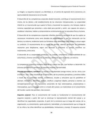 Orientaciones Pedagógicas para el Grado de Transición


su imagen, su esquema corporal y su identidad, es el camino de expresión de la conciencia y la
oportunidad de relacionarse con el mundo.

El desarrollo de las competencias corporales desde transición, contribuye al reconocimiento de sí
mismo, de los demás y del establecimiento de las relaciones interpersonales. La corporeidad
infantil es un macromundo que supera lo físico y trasciende los espacios y los tiempos; dada la
inmensa capacidad que presentan a esta edad para percibir y sentir, son capaces de actuar y
establecer relaciones, habitar y comprometerse armónicamente con la naturaleza física y humana.

El desarrollo de las competencias corporales infantiles plantea la necesidad de que los sujetos se
reconozcan inicialmente como seres dotados de potencialidades y que, en interacción con los
demás y su entorno, evidencien tanto sus fortalezas como debilidades para aceptar y actuar según
su condición. El reconocimiento de su cuerpo les permite, además, desarrollar las habilidades
necesarias para desplazarse, seguir una dirección y posicionar su cuerpo, coordinar sus
movimientos, entre otras.

El desarrollo de su corporeidad contribuye a su cuidado, compromiso y responsabilidad de sus
actos físicos, al tomar conciencia de sus efectos y afectación para los demás y el entorno.


La competencia corporal se fomenta teniendo en cuenta tres ejes, que facilitan su desarrollo: los
procesos perceptivos y sensitivos, el esquema corporal y la motricidad.

Procesos perceptivos y sensitivos. La relación el estudiantado consigo mismo, con los otros y con
el entorno nace como resultado de la interacción y de los procesos perceptivos y sensitivos dados
a través de los contenidos táctiles, cenestésicos, visuales y articulares que les posibilitan el
abstraer, interpretar, identificar, analizar, clasificar y organizar objetos, personas o eventos. Las
sensopercepciones son las impresiones sensoriales de tipo exteroceptivas, propioceptivas e
interoceptivas, que se conjugan entre sí a través del cuerpo y se materializan en el conocimiento
del mundo: cuanto más perciben, más conocen.

Esquema corporal. Para el conocimiento del mundo es fundamental el reconocimiento del
esquema corporal, a partir del cual se construye la representación mental del cuerpo y se
identifican las capacidades corporales. A partir de la conciencia que se tenga del cuerpo, de su
organización, su conocimiento, ajuste postural y lateralidad, y la representación que se tenga de
él, los niños y las niñas identifican sus posibilidades, limitaciones y manejo. El esquema corporal


                                                 38
 