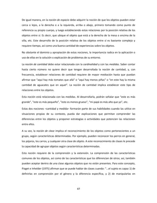 De igual manera, en la noción de espacio debe adquirir la noción de que los objetos pueden estar
cerca o lejos, a la derecha o a la izquierda, arriba o abajo, primero tomando como punto de
referencia su propio cuerpo, y luego estableciendo estas relaciones por la posición relativa de los
objetos entre sí. Es decir, que ubique el objeto que está a la derecha de la mesa o encima de la
silla, etc. Este desarrollo de la posición relativa de los objetos entre sí es bastante complejo y
requiere tiempo, así como una buena cantidad de experiencias sobre los objetos.

No obstante el dominio y apropiación de estas nociones, la importancia radica en la aplicación o
uso de ellas en la solución o explicación de problemas de su entorno.

La noción de cantidad debe estar relacionada con la cardinalidad y con las medidas. Saber contar
hasta cierto número no quiere decir que tengan desarrollada la noción de cantidad, y, con
frecuencia, establecer relaciones de cantidad requiere de mayor mediación hasta que puedan
afirmar que “aquí hay más tomates que allá” o “aquí hay menos piñas” o “en este hay la misma
cantidad de aguacates que en aquel”. La noción de cantidad implica establecer este tipo de
relaciones entre los objetos.

Esta noción está relacionada con las medidas. Al desarrollarla, podrán señalar que “este es más
grande”, “este es más pequeño”, “esto es menos grueso”, “mi papá es más alto que yo”, etc.

Estas dos nociones –cantidad y medida– formarán parte de sus habilidades cuando las utilice en
situaciones propias de su contexto, pueda dar explicaciones que permitan comprender las
diferencias entre los objetos y proponer estrategias o actividades que potencien las relacionen
entre ellos.

A su vez, la noción de clase implica el reconocimiento de los objetos como pertenecientes a un
grupo, según características determinadas. Por ejemplo, pueden reconocer los perros en general,
los pájaros, los carros, y cualquier otra clase de objeto. A este reconocimiento de clases le precede
la capacidad de agrupar objetos según características determinadas.

Esta noción requiere de la comprensión y la extensión. La comprensión de las características
comunes de los objetos, así como de las características que los diferencian de otros; así, también
pueden aceptar dentro de una clase algunos objetos que no están presentes. Para este concepto,
Piaget e Inhelder (1975) afirman que se puede hablar de clases cuando: “...el sujeto es capaz 1) de
definirlas en comprensión por el género y la diferencia específica, y 2) de manipularlas en




                                                 47
 