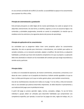en una correcta correlación de lo difícil y lo sencillo. La accesibilidad se apoya en los conocimientos
que ya poseen los niños y niñas.




Principio de sistematización y graduación

Este principio presupone un orden lógico de los nuevos aprendizajes, los cuales se apoyan en los
adquiridos anteriormente. De esta forma, se dosifica, organiza y se da una secuencia lógica a los
contenidos y actividades programadas, teniendo en cuenta la complejidad y la relación que se
establece entre los anteriores y los siguientes dentro del proceso de aprendizaje.




Principio de aplicación de los conocimientos

Las actividades que se programan deben tener como propósito aplicar los conocimientos
adquiridos. No solo se aprende para interiorizar e interrelacionar, sino también para aplicar en
variados contextos, y si es necesario acomodar, adaptar o modificar. De esta forma, se adquieren
habilidades y actitudes que hacen del estudiante competente en lo que se propone. La aplicación
debe estar planteada en relación con las necesidades del contexto para que tenga trascendencia y
sentido social y particular.




Principio lúdico

La lúdica es la necesidad de expresarse, de mostrar sentimientos, sensaciones y emociones; es el
deseo de crear o producir con el propósito de divertirse o hallarle sentido agradable a lo que se
hace. La lúdica permite gozar con lo que se realiza; genera placer, pero también conocimiento.

Una de las manifestaciones naturales de la lúdica es el juego. Y en los niños y niñas de transición
esta es una actividad que potencia desarrollos importantes. Se debe desechar el pensamiento y
uso tradicional del juego como la pérdida de tiempo.

A partir del juego es preciso aprender reglas, normas, conceptos, códigos. Ya sea de forma
individual o grupal, deben ser utilizados para desarrollar habilidades que comprometan una
competencia específica; por ejemplo, la social (en los juegos de roles, reglas de trabajo, etc.), la


                                                  62
 
