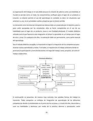 La organización del trabajo en el aula debe procurar la relación de saberes como una totalidad; el
mundo se percibe como un todo; los conocimientos confluyen para el logro de un producto o
creación. La relación permite el uso del aprendizaje en contexto, es decir, en situaciones que
ameritan su uso, no en actividades sueltas y dispersas que no tienen sentido.

La interacción entre las diversas competencias básicas debe ser propiciada por el docente y poco a
poco serán apropiadas por los estudiantes; ellos se harán competentes en el uso de sus
habilidades para el logro de un producto, tarea o una finalidad planteada. El modelo didáctico
utilizado será el que favorezca esta integración al utilizar lo aprendido en un campo para el logro
de otra u otras. En cualquiera de ellos, la evaluación debe ser permanente, como parte esencial
del aprendizaje.

Sea el método didáctico escogido, lo importante es lograr la integración de las competencias para
alcanzar nuevos aprendizajes y metas. Y en todos, se requiere de un trabajo autónomo donde se
promueva la participación y toma de decisiones a lo largo del trabajo, tarea, proyecto, así como el
trabajo colaborativo.




A continuación se presentan, de manera muy concreta, tres posibles formas de trabajo en
transición. Todas comparten un enfoque de integración de aprendizajes de las diferentes
competencias donde el estudiantado es el centro de las acciones y, a través de ellas, desarrollan y
usan sus habilidades y destrezas; por medio de la práctica, dominio y apropiación, serán


                                                79
 