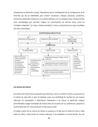 competentes en diferentes campos. Recordemos que la manifestación de las competencias se da
haciendo uso de las habilidades para resolver situaciones, trabajos, proyectos, problemas,
situaciones, planteados siempre en un contexto definido y con un propósito claro. Aunque existen
otras metodologías que permiten integrar los conocimientos de diversas áreas, como las
“unidades integradas”, los “ejes o núcleos temáticos” y otras, mostraremos tres cuyos resultados
han sido comprobados.




Los centros de interés


Los centros de interés fueron propuestos por Decroly y, como su nombre lo indica, lo que prima es
el interés de cada niño o niña. Se plantean como una posibilidad de atender de una manera
adecuada las necesidades y expectativas individuales y de buscar el desarrollo integral,
permitiéndoles escoger actividades de manera libre, de acuerdo con sus preferencias; propone la
conformación de una “una escuela por la vida y para la vida”.

El trabajo a partir de los centros de interés se sustenta en la idea que no todos los niños y niñas
todos los niños y niñas tienen los mismos intereses, ni los satisfacen al mismo tiempo. Por esa

                                                80
 