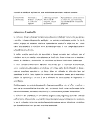 Así como se planteó en la planeación, en el momento de evaluar será necesario observar:

 Conocimientos      Habilidades y          Actitudes y valores en   Aplicación de sus saberes poniendo
 determinados       destrezas para hacer   el momento de            su autonomía, responsabilidad y
                    en la situación        compartir, convivir,     capacidad de decidir para obtener
                    específica             relacionarse             propósitos




Instrumentos de evaluación

La evaluación del aprendizaje por competencias debe estar mediada por instrumentos que pongan
a los niños y niñas en diálogo con las realidades y con las intencionalidades de cambio. Por ello, la
estética, el juego, las diferentes formas de representación, las técnicas proyectivas, etc., tienen
cabida en el diseño de la evaluación inicial, durante el proceso o al final, siempre observando la
aplicación de competencias.

Se deben propiciar experiencias de aprendizaje o tareas complejas que impliquen para el
estudiante una práctica social o un producto social significativo. En estas situaciones se visualizará
el saber, el saber hacer y la interacción con los otros en la puesta en escena de sus aprendizajes.

Es válido también la utilización de diferentes instrumentos para la recolección de información,
como: cuestionarios, observadores, simuladores, entrevistas, rejillas de identificación de datos o
aspectos específicos, descriptores, etc. Estos, deben ser utilizados en diferentes fases del
aprendizaje: al inicio, como exploración o análisis de conocimientos previos, en el desarrollo o
proceso de aprendizaje y al final, o en el momento de socializaciones de experiencias o
aprendizajes.

El diálogo es otra herramienta de evaluación eficaz que se establece entre el niño y el profesor, a
partir de la intencionalidad de desarrollar cada competencia. Implica una transformación de las
estructuras mentales, por lo tanto el aprendizaje se convierte en un jalonador del desarrollo.

La evaluación del aprendizaje por competencias exige el uso de preguntas y respuestas tanto del
profesor como del estudiante, en una ambiente donde se promueva un diálogo con los resultados,
ya que la evaluación no termina cuando el estudiante responde; apenas allí se inicia este diálogo
que deberá continuar hasta que haya ocurrido el aprendizaje.




                                                 91
 