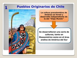 Pueblos Originarios de Chile
1
La cultura precolombina de
América se formó y
desarrolló independiente de
la del “Viejo Mundo”
Se desarrollaron una serie de
culturas, tanto en
Mesoamérica como en el área
andina de América del Sur
 