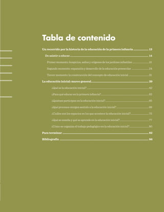 Un recorrido por la historia de la educación de la primera infancia..................... 13
De asistir a educar............................................................................................................... 14
Primer momento: hospicios, asilos y orígenes de los jardines infantiles.............................15
Segundo momento: expansión y desarrollo de la educación preescolar ..............................24
Tercer momento: la construcción del concepto de educación inicial ...................................31
La educación inicial: marco general............................................................................. 39
	 ¿Qué es la educación inicial?..........................................................................................................42
	 ¿Para qué educar en la primera infancia?..................................................................................63
	 ¿Quiénes participan en la educación inicial?...........................................................................65
	 ¿Qué procesos otorgan sentido a la educación inicial?........................................................69
	 ¿Cuáles son los espacios en los que acontece la educación inicial?................................75
	 ¿Qué se enseña y qué se aprende en la educación inicial?..................................................77
¿Cómo se organiza el trabajo pedagógico en la educación inicial?..................................80
Para terminar................................................................................................................... 82
Bibliografía....................................................................................................................... 86
Tabla de contenido
 