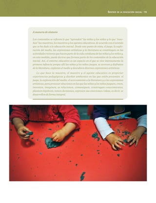Sentido de la educación inicial · 79
A manera de síntesis
Los contenidos se refieren lo que “aprenden” las niñas y los niños y lo que “ense-
ñan” las maestras, los maestros y los agentes educativos, de acuerdo con el sentido
que se ha dado a la educación inicial. Desde este punto de vista, el juego, la explo-
ración del medio, las expresiones artísticas y la literatura se constituyen en las
actividadesrectorasquehacenpartedelavidacotidianadelasniñasylosniñosy,
en esta medida, puede decirse que forman parte de los contenidos de la educación
inicial. Así, el entorno educativo es un espacio en el que se vive intensamente la
primera infancia porque allí las niñas y los niños juegan, se acercan y disfrutan
de la literatura, exploran el medio y descubren diversas expresiones artísticas.
Lo que hace la maestra, el maestro y el agente educativo es propiciar
experiencias pedagógicas y diseñar ambientes en las que estén presentes el
juego, la exploración del medio, el acercamiento a la literatura y a las expresiones
artísticas,paraprovocarsitucionesenlasquelasniñasylosniñosjueguen,creen,
inventen, imaginen, se relacionen, comuniquen, construyan conocimientos,
planteen hipótesis, tomen decisiones, expresen sus emociones e ideas, es decir, se
desarrollen de forma integral.
 
