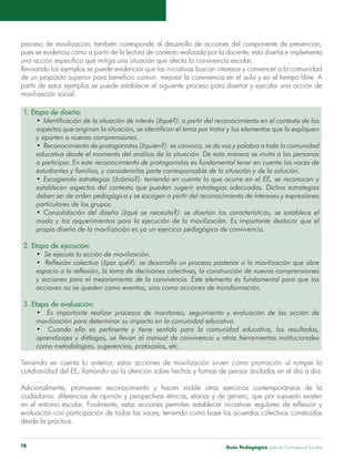 Guía Pedagógica para la Convivencia Escolar78
proceso de movilización, también corresponde al desarrollo de acciones del componente de prevención,
pues se evidencia cómo a partir de la lectura de contexto realizada por la docente, esta diseña e implementa
una acción específica que mitiga una situación que afecta la convivencia escolar.
Revisando los ejemplos se puede evidenciar que las iniciativas buscan interesar y convencer a la comunidad
de un propósito superior para beneficio común: mejorar la convivencia en el aula y en el tiempo libre. A
partir de estos ejemplos se puede establecer el siguiente proceso para diseñar y ejecutar una acción de
movilización social:
1. Etapa de diseño:
•	 Identificación de la situación de interés (¿qué?): a partir del reconocimiento en el contexto de los
aspectos que originan la situación, se identifican el tema por tratar y los elementos que lo expliquen
y aporten a nuevas comprensiones.
•	 Reconocimiento de protagonistas (¿quién?): se convoca, se da voz y palabra a toda la comunidad
educativa desde el momento del análisis de la situación. De esta manera se invita a las personas
a participar. En este reconocimiento de protagonistas es fundamental tener en cuenta las voces de
estudiantes y familias, y considerarlas parte corresponsable de la situación y de la solución.
•	 Escogiendo estrategias (¿cómo?): teniendo en cuenta lo que ocurre en el EE, se reconocen y
establecen aspectos del contexto que pueden sugerir estrategias adecuadas. Dichas estrategias
deben ser de orden pedagógico y se escogen a partir del reconocimiento de intereses y expresiones
particulares de los grupos.
•	 Consolidación del diseño (¿qué se necesita?): se diseñan las características, se establece el
modo y los requerimientos para la ejecución de la movilización. Es importante destacar que el
propio diseño de la movilización es ya un ejercicio pedagógico de convivencia.
2. Etapa de ejecución:
•  Se ejecuta la acción de movilización.
•  Reflexión colectiva (¿por qué?): se desarrolla un proceso posterior a la movilización que abre
espacio a la reflexión, la toma de decisiones colectivas, la construcción de nuevas comprensiones
y acciones para el mejoramiento de la convivencia. Este elemento es fundamental para que las
acciones no se queden como eventos, sino como acciones de transformación.
3. Etapa de evaluación:
•   Es importante realizar procesos de monitoreo, seguimiento y evaluación de las acción de
movilización para determinar su impacto en la comunidad educativa.
•   Cuando ello es pertinente y tiene sentido para la comunidad educativa, los resultados,
aprendizajes y diálogos, se llevan al manual de convivencia u otras herramientas institucionales
como metodologías, sugerencias, protocolos, etc.
Teniendo en cuenta lo anterior, estas acciones de movilización sirven como promoción al romper la
cotidianidad del EE; llamando así la atención sobre hechos y formas de pensar anclados en el día a día.
Adicionalmente, promueven reconocimiento y hacen visible otros ejercicios contemporáneos de la
ciudadanía: diferencias de opinión y perspectivas étnicas, etarias y de género; que por supuesto existen
en el entorno escolar. Finalmente, estas acciones permiten establecer iniciativas regulares de reflexión y
evaluación con participación de todas las voces, teniendo como base los acuerdos colectivos construidos
desde la práctica.
 