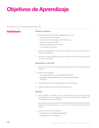 106
Bases Curriculares 2015 | 7° básico a 2° medio | Matemática
Habilidades
Objetivos de Aprendizaje
Se espera que los y las estudiantes sean capaces de:
Resolver problemas
a. Resolver problemas utilizando estrategias tales como:
• Destacar la información dada.
• Usar un proceso de ensayo y error sistemático.
• Aplicar procesos reversibles.
• Descartar información irrelevante.
• Usar problemas similares.
b. Evaluar procedimientos y comprobar resultados propios y de otros de un
problema matemático.
c. Utilizar sus propias palabras, gráficos y símbolos matemáticos para presentar
sus ideas o soluciones.
Argumentar y comunicar
d. Describir relaciones y situaciones matemáticas de manera verbal y usando
símbolos.
e. Explicar y fundamentar:
• Soluciones propias y los procedimientos utilizados.
• Resultados mediante definiciones, axiomas, propiedades y 		
teoremas.
f. Fundamentar conjeturas dando ejemplos y contraejemplos.
g. Evaluar la argumentación de otros dando razones.
Modelar
h. Usar modelos, realizando cálculos, estimaciones y simulaciones, tanto
manualmente como con ayuda de instrumentos para resolver problemas de
otras asignaturas y de la vida diaria.
i. Seleccionar y ajustar modelos, para resolver problemas asociados a ecuaciones e
inecuaciones de la forma ax + b >, <, = c, con a, b, c ∈ N, comparando dependencias
lineales.
j. Evaluar la pertinencia de modelos:
• En relación con el problema presentado.
• Considerando sus limitaciones.
 