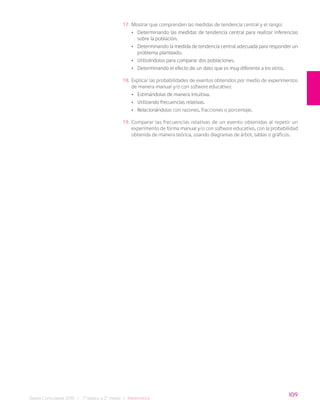109
Bases Curriculares 2015 | 7° básico a 2° medio | Matemática
17. Mostrar que comprenden las medidas de tendencia central y el rango:
• Determinando las medidas de tendencia central para realizar inferencias
sobre la población.
• Determinando la medida de tendencia central adecuada para responder un
problema planteado.
• Utilizándolos para comparar dos poblaciones.
• Determinando el efecto de un dato que es muy diferente a los otros.
18. Explicar las probabilidades de eventos obtenidos por medio de experimentos
de manera manual y/o con software educativo:
• Estimándolas de manera intuitiva.
• Utilizando frecuencias relativas.
• Relacionándolas con razones, fracciones o porcentaje.
19. Comparar las frecuencias relativas de un evento obtenidas al repetir un
experimento de forma manual y/o con software educativo, con la probabilidad
obtenida de manera teórica, usando diagramas de árbol, tablas o gráficos.
 