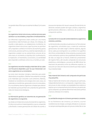129
Bases Curriculares 2015 | 7° básico a 2° medio | Ciencias Naturales
Las grandes ideas (GI) en que se sustentan las Bases Curriculares
son:
GI.1
Los organismos tienen estructuras y realizan procesos para
satisfacer sus necesidades y responder al medioambiente.
Los diferentes organismos están unidos por una misma
característica: están formados por células. Sin embargo, de
acuerdo a cada especie y sus adaptaciones al ambiente, los
organismos tienen estructuras cuyas funciones les permiten
vivir y responder a cambios en el entorno. De esta forma, gracias
a estructuras, procesos químicos y sistemas especializados, los
organismos cumplen con las características comunes de los
seres vivos: el crecimiento, la reproducción, la alimentación,
la respiración, el movimiento, la excreción y la sensibilidad
para responder a estímulos como la luz, el sonido y el calor.
GI.2
Los organismos necesitan energía y materiales de los cuales
con frecuencia dependen y por los que interactúan con
otros organismos en un ecosistema.
Los seres vivos necesitan energía y materiales para poder
desarrollarse en equilibrio. Obtienen del ambiente la energía
y los materiales que consumen como alimentos. Además,
mediante la transferencia de energía entre seres vivos, los
materiales se transforman, generando ciclos en la naturaleza.
En un ecosistema, diversos organismos compiten para obtener
los materiales que les permiten vivir y reproducirse, generando
redes de interacciones biológicas.
GI.3
La información genética se transmite de una generación
de organismos a la siguiente.
Las células son la base estructural y funcional de los organismos.
En ellas se encuentra el material genético, que es compartido
y distribuido a nuevas generaciones de células de acuerdo a
procesos de reproducción sexual o asexual. De esta forma, las
divisiones celulares pueden dar lugar a células u organismos
genéticamente diferentes o idénticos, de acuerdo a su
composición química.
GI.4
La evolución es la causa de la diversidad de los organismos
vivientes y extintos.
Las formas de vida conocidas actualmente en la Tierra derivan
de organismos unicelulares que, a través de numerosas
generaciones, han dado origen a diversas especies, algunas
de las cuales ya se extinguieron. Los cambios en la superficie
de la Tierra, la diversidad de climas existente y la presencia de
ciertos elementos químicos han posibilitado distintas formas
de vida a lo largo de su historia. Evidencias provenientes
del registro fósil y del estudio comparado de estructuras
anatómicas, embriológicas y secuencia de ADN indican las
relaciones de parentesco entre las diferentes especies. La
evolución por selección natural es la teoría que mejor explica
hoy la biodiversidad.
GI.5
Todo material del Universo está compuesto de partículas
muy pequeñas.
Toda la materia del Universo está compuesta por partículas,
independientemente de si corresponde a organismos vivos,
estructuras sin vida o energía. Las propiedades de la materia se
explican por el comportamiento de los átomos y las partículas
que la componen, que además determinan reacciones químicas
y fuerzas cohesivas en la materia.
GI.6
La cantidad de energía en el Universo permanece constante.
En los fenómenos del Universo y el entorno, ocurren
transferencias de energía. La energía utilizada en un proceso
no siempre está disponible para otro proceso similar. No se crea
 