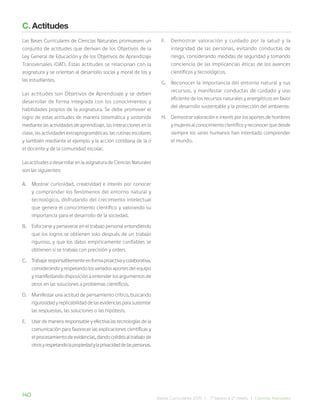 140 Bases Curriculares 2015 | 7° básico a 2° medio | Ciencias Naturales
C. Actitudes
Las Bases Curriculares de Ciencias Naturales promueven un
conjunto de actitudes que derivan de los Objetivos de la
Ley General de Educación y de los Objetivos de Aprendizaje
Transversales (OAT). Estas actitudes se relacionan con la
asignatura y se orientan al desarrollo social y moral de los y
las estudiantes.
Las actitudes son Objetivos de Aprendizaje y se deben
desarrollar de forma integrada con los conocimientos y
habilidades propios de la asignatura. Se debe promover el
logro de estas actitudes de manera sistemática y sostenida
mediante las actividades de aprendizaje, las interacciones en la
clase, las actividades extraprogramáticas, las rutinas escolares
y también mediante el ejemplo y la acción cotidiana de la o
el docente y de la comunidad escolar.
Las actitudes a desarrollar en la asignatura de Ciencias Naturales
son las siguientes:
A. Mostrar curiosidad, creatividad e interés por conocer
y comprender los fenómenos del entorno natural y
tecnológico, disfrutando del crecimiento intelectual
que genera el conocimiento científico y valorando su
importancia para el desarrollo de la sociedad.
B. Esforzarse y perseverar en el trabajo personal entendiendo
que los logros se obtienen solo después de un trabajo
riguroso, y que los datos empíricamente confiables se
obtienen si se trabaja con precisión y orden.
C. Trabajarresponsablementeenformaproactivaycolaborativa,
considerando y respetando los variados aportes del equipo
y manifestando disposición a entender los argumentos de
otros en las soluciones a problemas científicos.
D. Manifestar una actitud de pensamiento crítico, buscando
rigurosidad y replicabilidad de las evidencias para sustentar
las respuestas, las soluciones o las hipótesis.
E. Usar de manera responsable y efectiva las tecnologías de la
comunicación para favorecer las explicaciones científicas y
elprocesamientodeevidencias,dandocréditoaltrabajode
otrosyrespetandolapropiedadylaprivacidaddelaspersonas.
F. Demostrar valoración y cuidado por la salud y la
integridad de las personas, evitando conductas de
riesgo, considerando medidas de seguridad y tomando
conciencia de las implicancias éticas de los avances
científicos y tecnológicos.
G. Reconocer la importancia del entorno natural y sus
recursos, y manifestar conductas de cuidado y uso
eficiente de los recursos naturales y energéticos en favor
del desarrollo sustentable y la protección del ambiente.
H. Demostrar valoración e interés por los aportes de hombres
y mujeres al conocimiento científico y reconocer que desde
siempre los seres humanos han intentado comprender
el mundo.
 