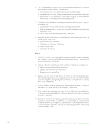 146 Bases Curriculares 2015 | 7° básico a 2° medio | Ciencias Naturales
4. Desarrollar modelos que expliquen las barreras defensivas (primaria, secundaria
y terciaria) del cuerpo humano, considerando:
• Agentes patógenos como Escherichia coli y el virus de la gripe.
• Usodevacunascontrainfeccionescomunes(influenzaymeningitis,entreotras).
• Alteraciones en sus respuestas, como en las alergias, las enfermedades
autoinmunes y los rechazos a trasplantes de órganos.
5. Comparar, usando modelos, microorganismos como virus, bacterias y hongos,
en relación con:
• Características estructurales (tamaño, forma y componentes).
• Características comunes de los seres vivos (alimentación, reproducción,
respiración, etc.).
• Efectos sobre la salud humana (positivos y negativos).
6. Investigar y explicar el rol de microorganismos (bacterias y hongos) en la
biotecnología, como en la:
• Descontaminación ambiental.
• Producción de alimentos y fármacos.
• Obtención del cobre.
• Generación de metano.
Física
7. Planificar y conducir una investigación experimental para proveer evidencias
que expliquen los efectos de las fuerzas gravitacional, de roce y elástica, entre
otras, en situaciones cotidianas.
8. Explorar y describir cualitativamente la presión, considerando sus efectos en:
• Sólidos, como en herramientas mecánicas.
• Líquidos, como en máquinas hidráulicas.
• Gases, como en la atmósfera.
9. Explicar, con el modelo de la tectónica de placas, los patrones de distribución
de la actividad geológica (volcanes y sismos), los tipos de interacción entre las
placas (convergente, divergente y transformante) y su importancia en la teoría
de la deriva continental.
10. Explicar, sobre la base de evidencias y por medio de modelos, la actividad
volcánica y sus consecuencias en la naturaleza y la sociedad.
11. Crear modelos que expliquen el ciclo de las rocas, la formación y modificación
de las rocas ígneas, metamórficas y sedimentarias, en función de la temperatura,
la presión y la erosión.
12. Demostrar, por medio de modelos, que comprenden que el clima en la Tierra,
tanto local como global, es dinámico y se produce por la interacción de
múltiples variables, como la presión, la temperatura y la humedad atmosférica,
la circulación de la atmósfera y del agua, la posición geográfica, la rotación y
la traslación de la Tierra.
 