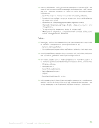 153
Bases Curriculares 2015 | 7° básico a 2° medio | Ciencias Naturales
11. Desarrollar modelos e investigaciones experimentales que expliquen el calor
como un proceso de transferencia de energía térmica entre dos o más cuerpos
que están a diferentes temperaturas, o entre una fuente térmica y un objeto,
considerando:
• Las formas en que se propaga (conducción, convección y radiación).
• Los efectos que produce (cambio de temperatura, deformación y cambio
de estado, entre otros).
• La cantidad de calor cedida y absorbida en un proceso térmico.
• Objetos tecnológicos que protegen de altas o bajas temperaturas a seres
vivos y objetos.
• Su diferencia con la temperatura (a nivel de sus partículas).
• Mediciones de temperatura, usando termómetro y variadas escalas, como
Celsius, Kelvin y Fahrenheit, entre otras.
Química
12. Investigar y analizar cómo ha evolucionado el conocimiento de la constitución
de la materia, considerando los aportes y las evidencias de:
• La teoría atómica de Dalton.
• LosmodelosatómicosdesarrolladosporThomson,RutherfordyBohr,entreotros.
13. Desarrollar modelos que expliquen que la materia está constituida por átomos
que interactúan, generando diversas partículas y sustancias.
14. Usar la tabla periódica como un modelo para predecir las propiedades relativas de
los elementos químicos basándose en los patrones de sus átomos, considerando:
• El número atómico.
• La masa atómica.
• La conductividad eléctrica.
• La conductividad térmica.
• El brillo.
• Los enlaces que se pueden formar.
15. Investigar y argumentar, basándose en evidencias, que existen algunos elementos
químicos más frecuentes en la Tierra que son comunes en los seres vivos y son
soporte para la vida, como el carbono, el hidrógeno, el oxígeno y el nitrógeno.
 
