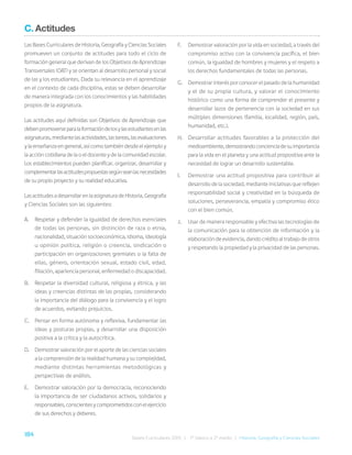 184 Bases Curriculares 2015 | 7° básico a 2° medio | Historia, Geografía y Ciencias Sociales
C. Actitudes
Las Bases Curriculares de Historia, Geografía y Ciencias Sociales
promueven un conjunto de actitudes para todo el ciclo de
formación general que derivan de los Objetivos de Aprendizaje
Transversales (OAT) y se orientan al desarrollo personal y social
de las y los estudiantes. Dada su relevancia en el aprendizaje
en el contexto de cada disciplina, estas se deben desarrollar
de manera integrada con los conocimientos y las habilidades
propios de la asignatura.
Las actitudes aquí definidas son Objetivos de Aprendizaje que
debenpromoverseparalaformacióndelosylasestudiantesenlas
asignaturas,mediantelasactividades,lastareas,lasevaluaciones
ylaenseñanzaengeneral,asícomotambiéndesdeelejemploy
la acción cotidiana de la o el docente y de la comunidad escolar.
Los establecimientos pueden planificar, organizar, desarrollar y
complementarlasactitudespropuestassegúnseanlasnecesidades
de su propio proyecto y su realidad educativa.
Las actitudes a desarrollar en la asignatura de Historia, Geografía
y Ciencias Sociales son las siguientes:
A. Respetar y defender la igualdad de derechos esenciales
de todas las personas, sin distinción de raza o etnia,
nacionalidad, situación socioeconómica, idioma, ideología
u opinión política, religión o creencia, sindicación o
participación en organizaciones gremiales o la falta de
ellas, género, orientación sexual, estado civil, edad,
filiación, apariencia personal, enfermedad o discapacidad.
B. Respetar la diversidad cultural, religiosa y étnica, y las
ideas y creencias distintas de las propias, considerando
la importancia del diálogo para la convivencia y el logro
de acuerdos, evitando prejuicios.
C. Pensar en forma autónoma y reflexiva, fundamentar las
ideas y posturas propias, y desarrollar una disposición
positiva a la crítica y la autocrítica.
D. Demostrar valoración por el aporte de las ciencias sociales
a la comprensión de la realidad humana y su complejidad,
mediante distintas herramientas metodológicas y
perspectivas de análisis.
E. Demostrar valoración por la democracia, reconociendo
la importancia de ser ciudadanos activos, solidarios y
responsables,conscientesycomprometidosconelejercicio
de sus derechos y deberes.
F. Demostrar valoración por la vida en sociedad, a través del
compromiso activo con la convivencia pacífica, el bien
común, la igualdad de hombres y mujeres y el respeto a
los derechos fundamentales de todas las personas.
G. Demostrar interés por conocer el pasado de la humanidad
y el de su propia cultura, y valorar el conocimiento
histórico como una forma de comprender el presente y
desarrollar lazos de pertenencia con la sociedad en sus
múltiples dimensiones (familia, localidad, región, país,
humanidad, etc.).
H. Desarrollar actitudes favorables a la protección del
medioambiente,demostrandoconcienciadesuimportancia
para la vida en el planeta y una actitud propositiva ante la
necesidad de lograr un desarrollo sustentable.
I. Demostrar una actitud propositiva para contribuir al
desarrollo de la sociedad, mediante iniciativas que reflejen
responsabilidad social y creatividad en la búsqueda de
soluciones, perseverancia, empatía y compromiso ético
con el bien común.
J. Usar de manera responsable y efectiva las tecnologías de
la comunicación para la obtención de información y la
elaboración de evidencia, dando crédito al trabajo de otros
y respetando la propiedad y la privacidad de las personas.
 