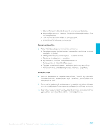 209
Bases Curriculares 2015 | 7° básico a 2° medio | Historia, Geografía y Ciencias Sociales
• Citar la información obtenida de acuerdo a normas estandarizadas.
• Análisis de los resultados y elaboración de conclusiones relacionadas con la
hipótesis planteada.
• Comunicación de los resultados de la investigación.
• Utilización de TIC y de otras herramientas.
Pensamiento crítico
j. Aplicar habilidades de pensamiento crítico tales como:
• Formular preguntas significativas para comprender y profundizar los temas
estudiados en el nivel.
• Inferir y elaborar conclusiones respecto a los temas del nivel.
• Cuestionar simplificaciones y prejuicios.
• Argumentar sus opiniones basándose en evidencia.
• Analizar puntos de vista e identificar sesgos.
• Comparar y contrastar procesos y fenómenos históricos y geográficos.
• Analizar la multicausalidad de los procesos históricos y geográficos.
Comunicación
k. Participar activamente en conversaciones grupales y debates, argumentando
opiniones, posturas y propuestas para llegar a acuerdos, y profundizando en el
intercambio de ideas.
l. Comunicar los resultados de sus investigaciones por diversos medios, utilizando
una estructura lógica y efectiva y argumentos basados en evidencia pertinente.
m. Desarrollar una argumentación escrita, utilizando términos y conceptos históricos
y geográficos, que incluya ideas, análisis y evidencia pertinente.
 