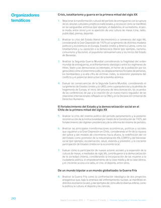 210
Bases Curriculares 2015 | 7° básico a 2° medio | Historia, Geografía y Ciencias Sociales
Organizadores
temáticos
Crisis, totalitarismo y guerra en la primera mitad del siglo XX
1. Relacionar la transformación cultural del período de entreguerras con la ruptura
de los cánones culturales y estéticos tradicionales, y reconocer cómo se manifestó
en las vanguardias artísticas (por ejemplo, el dadaísmo, el surrealismo, el jazz,
la moda, entre otros) y en la aparición de una cultura de masas (cine, radio,
publicidad, prensa, deporte).
2. Analizar la crisis del Estado liberal decimonónico a comienzos del siglo XX,
considerando la Gran Depresión de 1929 y el surgimiento de distintos modelos
políticos y económicos en Europa, Estados Unidos y América Latina, como los
totalitarismos y su oposición a la democracia liberal (por ejemplo, nazismo,
comunismo y fascismo), el populismo latinoamericano y los inicios del Estado
de Bienestar.
3. Analizar la Segunda Guerra Mundial considerando la fragilidad del orden
mundial de entreguerras, el enfrentamiento ideológico entre los regímenes de
Hitler, Stalin y las democracias occidentales, el horror de la población por los
genocidios como el exterminio judío, los desplazamientos forzados de personas,
los bombardeos y la alta cifra de víctimas civiles, la extensión planetaria del
conflicto y el potencial destructivo de la bomba atómica.
4. Evaluar las consecuencias de la Segunda Guerra Mundial, considerando el
surgimiento de Estados Unidos y la URSS como superpotencias y la pérdida de
hegemonía de Europa, el inicio del proceso de descolonización, los acuerdos
de las conferencias de paz y la creación de un nuevo marco regulador de las
relaciones internacionales reflejado en la ONU y en la Declaración Universal de
Derechos Humanos.
El fortalecimiento del Estado y la democratización social en el
Chile de la primera mitad del siglo XX
5. Analizar la crisis del sistema político del periodo parlamentario y la posterior
reconstrucción de la institucionalidad por medio de la Constitución de 1925, del
fortalecimiento del régimen presidencial y de la reforma del sistema de partidos.
6. Analizar las principales transformaciones económicas, políticas y sociales
que siguieron a la Gran Depresión en Chile, considerando el fin de la riqueza
del salitre y del modelo de crecimiento hacia afuera, la redefinición del rol
del Estado como promotor de la industrialización (ISI, CORFO) y del bienestar
social (por ejemplo, escolarización, salud, vivienda y previsión), y la creciente
participación de Estados Unidos en la economía local.
7. Evaluar cómo la participación de nuevos actores sociales y la expansión de la
cultura de masas, a mediados de siglo XX, contribuyeron a la democratización
de la sociedad chilena, considerando la incorporación de las mujeres a la
ciudadanía política, el empoderamiento de la clase media y de la clase obrera,
y el creciente acceso a la radio, el cine, el deporte, entre otros.
De un mundo bipolar a un mundo globalizado: la Guerra Fría
8. Analizar la Guerra Fría como la confrontación ideológica de dos proyectos
antagónicos que, bajo la amenaza del enfrentamiento nuclear, se manifestó en
distintos escenarios locales, y dar ejemplos de cómo afectó diversas esferas, como
la política, la cultura, el deporte y las ciencias.
 