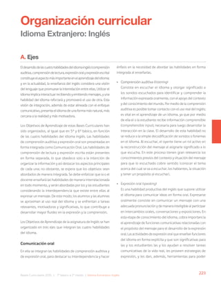 223
Bases Curriculares 2015 | 7° básico a 2° medio | Idioma Extranjero: Inglés
A. Ejes
Eldesarrollodelascuatrohabilidadesdelidiomainglés(comprensión
auditiva,comprensióndelectura,expresiónoralyexpresiónescrita)
constituyeelaspectomásimportanteenelaprendizajedelidioma;
y en la actualidad, la enseñanza del inglés considera una visión
del lenguaje que promueve la interrelación entre ellas. Utilizar el
idiomaimplicainteractuarrecibiendoyemitiendomensajes,yuna
habilidad del idioma reforzará y promoverá el uso de otra. Esta
visión de integración, además de estar alineada con el enfoque
comunicativo,presentaelidiomadeunaformamásnatural,más
cercana a la realidad y más motivadora.
Los Objetivos de Aprendizaje de estas Bases Curriculares han
sido organizados, al igual que en 5° y 6° básico, en función
de las cuatro habilidades del idioma inglés. Las habilidades
de comprensión auditiva y expresión oral son presentadas en
forma integrada como Comunicación Oral. Las habilidades de
comprensión de lectura y expresión escrita están presentes
en forma separada, lo que obedece solo a la intención de
organizar la información y así destacar los aspectos principales
de cada una; no obstante, se espera que los objetivos sean
abordados de manera integrada. Se debe enfatizar que la o el
docente enseñará las habilidades de manera interrelacionada
en todo momento, y serán abordadas por los y las estudiantes
considerando la interdependencia que existe entre ellas al
expresar un mensaje. De este modo, los alumnos y las alumnas
se aproximan al uso real del idioma y se enfrentan a tareas
relevantes, motivadoras y significativas, lo que contribuye a
desarrollar mayor fluidez en la expresión y la comprensión.
Los Objetivos de Aprendizaje de la asignatura de Inglés se han
organizado en tres ejes que integran las cuatro habilidades
del idioma.
Comunicación oral
En ella se integran las habilidades de comprensión auditiva y
de expresión oral, para destacar su interdependencia y hacer
Organización curricular
Idioma Extranjero: Inglés
énfasis en la necesidad de abordar las habilidades en forma
integrada al enseñarlas.
• Comprensión auditiva (listening)
Consiste en escuchar el idioma y otorgar significado a
los sonidos escuchados para identificar y comprender la
información expresada oralmente, con el apoyo del contexto
y del conocimiento del mundo. Por medio de la comprensión
auditiva es posible tomar contacto con el uso real del inglés;
es vital en el aprendizaje de un idioma, ya que por medio
de ella el o la estudiante recibe información comprensible
(comprehensible input), necesaria para luego desarrollar la
interacción en la clase. El desarrollo de esta habilidad no
se reduce a la simple decodificación de sonidos o fonemas
en el idioma. Al escuchar, el oyente tiene un rol activo en
la reconstrucción del mensaje al asignarle significado a lo
que escucha. En este proceso tienen gran relevancia los
conocimientos previos del contexto y situación del mensaje
para que lo escuchado cobre sentido (conocer el tema
acerca del cual se va a escuchar, los hablantes, la situación
y tener un propósito al escuchar).
• Expresión oral (speaking)
Es una habilidad productiva del inglés que supone utilizar
el idioma para comunicar ideas en forma oral. Expresarse
oralmente consiste en comunicar un mensaje con una
adecuada pronunciación y de manera inteligible al participar
en intercambios orales, conversaciones y exposiciones. En
esta etapa de conocimiento del idioma, cobra importancia
el aprendizaje de funciones comunicativas relacionadas con
el propósito del mensaje para el desarrollo de la expresión
oral. Las actividades de expresión oral que enseñan funciones
del idioma en forma explícita y que son significativas para
las y los estudiantes las y los ayudan a resolver tareas
comunicativas de la vida real, les proveen estrategias de
expresión, y les dan, además, herramientas para poder
 