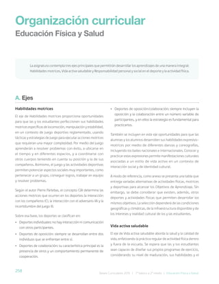258 Bases Curriculares 2015 | 7° básico a 2° medio | Educación Física y Salud
A. Ejes
Habilidades motrices
El eje de Habilidades motrices proporciona oportunidades
para que las y los estudiantes perfeccionen sus habilidades
motrices específicas de locomoción, manipulación y estabilidad,
en un contexto de juego deportivo reglamentado, usando
tácticas y estrategias de juego para ejecutar acciones motrices
que requieran una mayor complejidad. Por medio del juego
aprenderán a resolver problemas con éxito, a ubicarse en
el tiempo y en diferentes espacios, y a coordinarse con
otros cuerpos teniendo en cuenta su posición y la de sus
compañeros. Asimismo, el juego y las actividades deportivas
permiten potenciar aspectos sociales muy importantes, como
pertenecer a un grupo, conseguir logros, trabajar en equipo
y resolver problemas.
Según el autor Pierre Parlebas, el concepto CAI determina las
acciones motrices que ocurren en los deportes: la interacción
con los compañeros (C), la interacción con el adversario (A) y la
incertidumbre del juego (I).
Sobre esa base, los deportes se clasifican en:
• Deportes individuales: no hay interacción ni comunicación
con otros participantes.
• Deportes de oposición: siempre se desarrollan entre dos
individuos que se enfrentan entre sí.
• Deportes de colaboración: su característica principal es la
presencia de otros y un comportamiento permanente de
cooperación.
Organización curricular
Educación Física y Salud
• Deportes de oposición/colaboración: siempre incluyen la
oposición y la colaboración entre un número variable de
participantes, y en ellos la estrategia es fundamental para
practicarlos.
También se incluyen en este eje oportunidades para que las
alumnas y los alumnos desarrollen sus habilidades expresivo-
motrices por medio de diferentes danzas y coreografías,
incluyendo los bailes nacionales e internacionales. Conocer y
practicar estas expresiones permite manifestaciones culturales
asociadas a un estilo de vida activo en un contexto de
interacción social y de identidad cultural.
A modo de referencia, como anexo se presenta una tabla que
entrega variadas alternativas de actividades físicas, motrices
y deportivas para alcanzar los Objetivos de Aprendizaje. Sin
embargo, se debe considerar que existen, además, otros
deportes y actividades físicas que permiten desarrollar los
mismos objetivos. La selección dependerá de las condiciones
geográficas y climáticas, de la infraestructura disponible y de
los intereses y realidad cultural de los y las estudiantes.
Vida activa saludable
El eje de Vida activa saludable aborda la salud y la calidad de
vida, enfatizando la práctica regular de actividad física dentro
y fuera de la escuela. Se espera que las y los estudiantes
sean capaces de diseñar sus propios programas de ejercicio,
considerando su nivel de maduración, sus habilidades y el
La asignatura contempla tres ejes principales que permitirán desarrollar los aprendizajes de una manera integral:
Habilidades motrices, Vida activa saludable y Responsabilidad personal y social en el deporte y la actividad física.
 