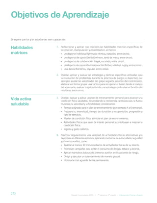 272 Bases Curriculares 2015 | 7° básico a 2° medio | Educación Física y Salud
1. Perfeccionar y aplicar con precisión las habilidades motrices específicas de
locomoción, manipulación y estabilidad en, al menos:
• Un deporte individual (gimnasia rítmica, natación, entre otros).
• Un deporte de oposición (bádminton, tenis de mesa, entre otros).
• Un deporte de colaboración (kayak, escalada, entre otros).
• Un deporte de oposición/colaboración (fútbol, vóleibol, rugby, entre otros) .
• Una danza (folclórica, popular, entre otras).
2. Diseñar, aplicar y evaluar las estrategias y tácticas específicas utilizadas para
la resolución de problemas durante la práctica de juegos o deportes; por
ejemplo: ajustar las velocidades del golpe según la posición del contrincante,
elaborar en forma grupal una táctica para recuperar el balón desde el campo
del adversario, evaluar la aplicación de una estrategia defensiva en función del
resultado, entre otros.
3. Diseñar, evaluar y aplicar un plan de entrenamiento personal para alcanzar una
condición física saludable, desarrollando la resistencia cardiovascular, la fuerza
muscular, la velocidad y la flexibilidad, considerando:
• Tiempo asignado para el plan de entrenamiento (por ejemplo: 4 a 6 semanas).
• Frecuencia, intensidad, tiempo de duración y recuperación, progresión y
tipo de ejercicio.
• Niveles de condición física al iniciar el plan de entrenamiento.
• Actividades físicas que sean de interés personal y contribuyan a mejorar la
condición física.
• Ingesta y gasto calórico.
4. Practicar regularmente una variedad de actividades físicas alternativas y/o
deportivasendiferentesentornos,aplicandoconductasdeautocuidado,seguridad
y primeros auxilios, como:
• Realizar al menos 30 minutos diarios de actividades físicas de su interés.
• Promover campañas para evitar el consumo de drogas, tabaco y alcohol.
• Aplicar maniobras básicas de primeros auxilios en situaciones de riesgo.
• Dirigir y ejecutar un calentamiento de manera grupal.
• Hidratarse con agua de forma permanente.
Habilidades
motrices
Vida activa
saludable
Objetivos de Aprendizaje
Se espera que los y las estudiantes sean capaces de:
 