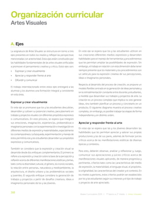 318
Bases Curriculares 2015 | 7° básico a 2° medio | Artes Visuales
Organización curricular
Artes Visuales
A. Ejes
La asignatura de Artes Visuales se estructura en torno a tres
ejes presentes en todos los niveles y reflejan las perspectivas
mencionadas con anterioridad. Estos ejes están constituidos por
las habilidades fundamentales de las artes visuales enfocadas
a promover el pensamiento creativo y crítico. Estos ejes son:
• Expresar y crear visualmente
• Apreciar y responder frente al arte
• Difundir y comunicar
El trabajo interrelacionado entre estos ejes entregará a las
alumnas y los alumnos una formación integral y consistente
en esta área.
Expresar y crear visualmente
En este eje se promueve que los y las estudiantes descubran,
desarrollen y cultiven su potencial creativo, para plasmarlo en
trabajosyproyectosvisualescondiferentespropósitosexpresivos
o comunicativos. En este proceso, se espera que integren
sus emociones, imaginación, experiencias, problemáticas e
imaginariospersonalesconlaexperimentacióneinvestigaciónen
diferentesmediosdeexpresiónymaterialidades,especialmente
loscontemporáneos.Labúsqueda,experimentaciónymanejode
estos permitirá a las y los estudiantes desarrollar sus propósitos
expresivos y comunicativos.
También se considera que la expresión y creación visual se
desarrolle desde dos enfoques complementarios. El primero se
refiere a la expresión y creación sobre la base de la percepción y
reflexión acerca de diferentes manifestaciones estéticas y temas,
tales como la diversidad cultural, el género, los íconos sociales,
la relación entre personas, naturaleza y medioambiente, la
arquitectura, el diseño urbano y las problemáticas sociales
y juveniles. El segundo enfoque considera la generación de
trabajos y proyectos a partir de desafíos creativos, ideas e
imaginarios personales de los y las jóvenes.
En este eje se espera que los y las estudiantes utilicen en
sus creaciones diferentes medios expresivos y desarrollen
habilidades para el manejo de herramientas y procedimientos
que les permitan ampliar las posibilidades de expresión. Sin
embargo, el trabajo en relación con esta dimensión debe tener
siempre presente que los materiales y los procedimientos son
un vehículo para la expresión creativa de sus percepciones,
ideas e imaginarios personales.
Respecto al desarrollo del proceso de creación, se propone un
modelo flexible centrado en la generación de ideas personales y
en la retroalimentación constante entre docente y estudiantes,
a medida que desarrollan sus trabajos y proyectos de arte. La
creación es un proceso complejo que implica no solo generar
ideas, sino también planificar un proceso y concretarlo en un
producto. El siguiente diagrama muestra el proceso creativo
completo, sin embargo, es posible trabajar las etapas de forma
independiente y en distinto orden.
Apreciar y responder frente al arte
En este eje se espera que las y los jóvenes desarrollen las
habilidades que les permitan apreciar y valorar sus propias
producciones y las de sus pares, además de formular juicios
críticos acerca de las manifestaciones estéticas de diversas
épocas y contextos.
Para esto, deberán observar, analizar y reflexionar y, luego,
comunicar sus apreciaciones y juicios críticos acerca de
manifestaciones visuales aplicando, de manera progresiva y
pertinente, criterios tales como las características del medio
de expresión, la materialidad, el lenguaje visual, el propósito,
la originalidad, las características del creador y el contexto. En
los niveles superiores, estos criterios podrán ser establecidos
por los y las estudiantes según sus intereses y el tipo de trabajo
o proyecto de arte apreciado.
 
