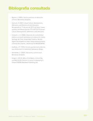333
Bases Curriculares 2015 | 7° básico a 2° medio | Artes Visuales
Bibliografía consultada
•
• Aguirre, I. (2005). Teorías y prácticas en educación
artística. Barcelona: Octaedro.
•
• Duncum, P. (2001). Visual Culture: Developments,
Definitions, and Directions for Art Education.
Recuperado el 17 de julio de 2015 de https://www.
questia.com/library/journal/1P3-68752575/visual-
culture-developments-definitions-and-directions.
•
• Errázuriz, L. H. (2006). Desarrollo de la sensibilidad
estética: un desafío pendiente en la educación chilena.
Santiago de Chile: Universidad Católica. (Versión
digital descargable en: http://www.memoriachilena.
cl/temas/documento_detalle.asp?id=MC0054996).
•
• Guilford, J. P. (1976). Factores que favorecen y factores
que obstaculizan la creatividad. Salamanca: Anaya.
•
• Hernández, F. (2003). Educación y cultura visual.
Barcelona: Octaedro.
•
• Knight L. (2010). Why a Child Needs a Critical Eye,
and Why the Art Clasroom is central in developing it.
Ontario: NSEAD/Blackwell Publishing Ltd.
333
Bases Curriculares 2015 | 7° básico a 2° medio | Artes Visuales
 