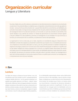 34 Bases Curriculares 2015 | 7° básico a 2° medio | Lengua y Literatura
A. Ejes
Lectura
Las Bases de Lengua y Literatura buscan formar a los y las
estudiantes para que puedan asumir competentemente
cualquier desafío de lectura —en los soportes existentes y en
aquellos que puedan aparecer en el futuro—, adquirir nueva
información,reflexionarsobreellenguajeutilizadoenlostextos,
adoptar una postura crítica sobre lo que leen y relacionarlo con
distintoscontextossociales,culturalesodisciplinarios.Ensíntesis,
que sean lectores y lectoras motivados(as), capaces de gozar
con la lectura o recurrir a ella para lograr distintos propósitos.
Organización curricular
Lengua y Literatura
En la bibliografía especializada existen varias definiciones
de lectura, pero la más extendida, y que se asume en estas
Bases, es aquella que concibe la lectura como interpretación
de los textos. Se considera que el lector o la lectora utiliza
sus conocimientos e interpreta los elementos textuales y
situacionales para construir el significado1. Es decir, en la
comprensión se conjugan tanto las habilidades como los
conocimientos que tiene el individuo, ya que estos permiten
a la lectora o el lector establecer las conexiones (entre el
Escuchar y hablar, leer y escribir, observar y representar son las dimensiones de la competencia comunicativa de
una persona. En las presentes Bases, los objetivos que corresponden a estas dimensiones han sido agrupados en
tres ejes —Lectura, Escritura y Comunicación oral— que permiten describir los conocimientos, las habilidades y las
actitudes involucradas en el logro de esta competencia. Por otra parte, dada la importancia que las habilidades
de investigación tienen en la vida de las personas, se ha incluido un cuarto eje centrado en este ámbito. Esta
opción obedece a que, además de constituir un método de aproximación al conocimiento siempre vigente
y de gran utilidad en la vida académica y personal, la investigación es una actividad en la que la lectura, la
escritura y la comunicación oral se coordinan y se potencian al servicio del aprendizaje.
La organización en torno a estos ejes, por un lado, responde a la necesidad de asegurar el desarrollo de las
habilidades centrales de la asignatura y de abordar los elementos que requiere una o un estudiante para alcanzar
una competencia comunicativa adecuada a su nivel, y, por otro, permite presentar la realidad compleja de la
asignatura de Lengua y Literatura en una estructura clara. Esta forma de agrupar los objetivos no significa que
los ejes deban trabajarse de manera separada. Por el contrario, los objetivos deben desarrollarse de manera
articulada, ya que son interdependientes. En este sentido, las habilidades adquieren mayor desarrollo cuando,
por ejemplo, las alumnas y los alumnos escriben y discuten sobre lo que leen, enfocan sus investigaciones a
partir de los temas analizados en las lecturas y exponen frente a un público para comunicar sus investigaciones
e interpretaciones de las lecturas realizadas.
 