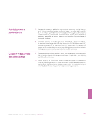 361
Bases Curriculares 2015 | 7° básico a 2° medio | Orientación
Participación y
pertenencia
Gestión y desarrollo
del aprendizaje
7. Evaluar en su entorno social e institucional cercano, como curso, establecimiento,
barrio u otro, instancias en las que puedan participar o contribuir a la resolución
de problemáticas a partir del reconocimiento de sí mismos y de los demás como
sujetos de derecho, considerando aspectos como el respeto por la dignidad, la
diversidad, la equidad de género, la inclusión, la participación democrática, la
justicia y el bienestar.
8. Desarrollar iniciativas orientadas a promover el respeto, la justicia, el buen trato,
las relaciones pacíficas y el bien común en el propio curso y la comunidad escolar,
participando en instancias colectivas, como el Consejo de curso, órganos de
representaciónestudiantiluotros,demaneracolaborativaydemocrática,mediante
el diálogo y el debate respetuoso ante la diversidad de opiniones.
9. Contrastar diversos posibles caminos a seguir en el desarrollo de sus proyectos de
vida,tomandoencuentadistintasopcioneslaboralesyacadémicasyreconociendo
sus habilidades e intereses.
10. Diseñar aspectos de sus posibles proyectos de vida considerando elementos
como habilidades, motivaciones, metas personales, posibilidades y limitaciones,
asumiendo el desafío de tomar decisiones coherentes con estos elementos y
actuando, basándose en ellos, de manera perseverante y esforzada.
 