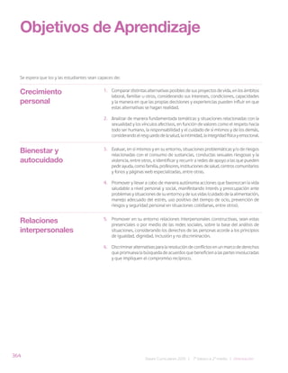364
Bases Curriculares 2015 | 7° básico a 2° medio | Orientación
Crecimiento
personal
Objetivos de Aprendizaje
Se espera que los y las estudiantes sean capaces de:
1. Comparar distintas alternativas posibles de sus proyectos de vida, en los ámbitos
laboral, familiar u otros, considerando sus intereses, condiciones, capacidades
y la manera en que las propias decisiones y experiencias pueden influir en que
estas alternativas se hagan realidad.
2. Analizar de manera fundamentada temáticas y situaciones relacionadas con la
sexualidad y los vínculos afectivos, en función de valores como el respeto hacia
todo ser humano, la responsabilidad y el cuidado de sí mismos y de los demás,
considerandoelresguardodelasalud,laintimidad,laintegridadfísicayemocional.
3. Evaluar, en sí mismos y en su entorno, situaciones problemáticas y/o de riesgos
relacionadas con el consumo de sustancias, conductas sexuales riesgosas y la
violencia, entre otros, e identificar y recurrir a redes de apoyo a las que pueden
pedirayuda,comofamilia,profesores,institucionesdesalud,centroscomunitarios
y fonos y páginas web especializadas, entre otras.
4. Promover y llevar a cabo de manera autónoma acciones que favorezcan la vida
saludable a nivel personal y social, manifestando interés y preocupación ante
problemas y situaciones de su entorno y de sus vidas (cuidado de la alimentación,
manejo adecuado del estrés, uso positivo del tiempo de ocio, prevención de
riesgos y seguridad personal en situaciones cotidianas, entre otros).
5. Promover en su entorno relaciones interpersonales constructivas, sean estas
presenciales o por medio de las redes sociales, sobre la base del análisis de
situaciones, considerando los derechos de las personas acorde a los principios
de igualdad, dignidad, inclusión y no discriminación.
6. Discriminar alternativas para la resolución de conflictos en un marco de derechos
que promueva la búsqueda de acuerdos que beneficien a las partes involucradas
y que impliquen el compromiso recíproco.
Bienestar y
autocuidado
Relaciones
interpersonales
 