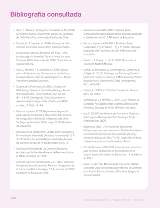 366
Bases Curriculares 2015 | 7° básico a 2° medio | Orientación
Bibliografía consultada
•
• Banz, C., Mena, I., Romagnoli, C. & Valdés, A. M. (2008).
Convivencia escolar. Documento Valoras UC. Santiago
de Chile: Pontificia Universidad Católica de Chile.
•
• Casullo, M. & Cayssials, A. (1994). Proyecto de Vida y
Decisión Vocacional. Buenos Aires: Ediciones Paidós.
•
• Convención Sobre los Derechos del Niño, 1989.
Aprobada por la Asamblea General de las Naciones
Unidas el 20 de Noviembre de 1989. Disponible en
www.unicef.org.
•
• Cox, C., Reimers, F. & Jaramillo, R. (2005). Educar
para la Ciudadanía y la Democracia en las Américas:
Una Agenda para la Acción. Washington D.C.: Banco
Interamericano del Desarrollo.
•
• Cuadra, H. & Florenzano, R. (2003). Subjective
Well-being: Towards a Positive Psychology. Revista
de Psicología de la Universidad de Chile, Vol. XII,
N°1, 83-96. Santiago de Chile, Disponible en
www.revistapsicología.uchile.cl/index.php/RDP/
article/.../17380/18144.
•
• Decreto supremo Nº 91. Reglamenta asignación
para Convivencia Escolar y Prevención del consumo
de drogas. Diario Oficial de la República de Chile.
Santiago, publicado el 28 de mayo 2011: Ministerio
de Educación.
•
• Declaración de las Naciones Unidas Sobre Educación y
Formación en Materia de Derechos Humanos 66/137-
2011. Resolución aprobada por la Asamblea General
de Naciones Unidas el 19 de diciembre de 2011.
•
• Declaración Universal de Los Derechos Humanos.
Aprobada por la Asamblea General de Naciones Unidas
el 10 de diciembre de 1948.
•
• Decreto Supremo de Educación 232-2002. Objetivos
Fundamentales y Contenidos Mínimos Obligatorios de
la Educación Básica. Santiago, 17 de octubre de 2002:
Ministerio de Educación Chile.
•
• Decreto Supremo 439-2012. Establece Bases
Curriculares Para la Educación Básica. Santiago, publicado
el 28 de enero de 2012: Ministerio de Educación.
•
• Decreto Supremo 614-2013. Establece Bases
Curriculares 7° y 8° básico - 1° y 2° medio. Santiago,
publicado el 04 de marzo de 2014: Ministerio de
Educación.
•
• García, J. & Dewey, J. (1916/1995). Democracia y
Educación. Madrid: Morata.
•
• Durlak, J., Weissberg, R., Schellinger, K., Dymnicki, A.
& Taylor, R. (2011). The Impact of Enhancing Students’
Social and Emotional Learning: A Meta Analysis of School
Based universal Interventions. Child Development,
82(1), 405-432.
•
• Erikson, E. (2000). El Ciclo Vital Completado. Buenos
Aires: Ed. Paidós.
•
• González, M. I. & Ramírez, L. (2011). Guía Práctica de
Consejería Para Adolescentes y Jóvenes. Orientaciones
Generales. Santiago de Chile: Ministerio de Salud.
•
• Ley Nº 20.370. Ley General de Educación. Biblioteca
del Congreso Nacional de Chile. Santiago, 12 de
septiembre de 2009.
•
• Magendzo. (2007). Formación de Estudiantes
Deliberantes para una Democracia Deliberativa. Revista
electrónica Iberoamericana sobre Calidad, eficacia y
Cambio en Educación. 5(4), 70-82. Disponible en http:
//www.rinace.net/arts/vol5num4/art4.htm.
•
• Circular Mineduc 600-2008. Lineamientos y directrices
para promover el desarrollo de la Orientación en el
sistema escolar. Ministerio de Educación. 18 de febrero
de 1991.
•
• Gobierno de Chile. Ministerio de Educación. (2006).
Conceptos Clave para la Resolución Pacífica de Conflictos
en el Ámbito Escolar. Mineduc, Unidad de Apoyo a la
Transversalidad.
366
Bases Curriculares 2015 | 7° básico a 2° medio | Orientación
 