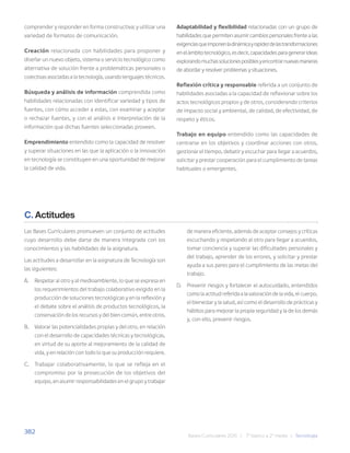 382
Bases Curriculares 2015 | 7° básico a 2° medio | Tecnología
comprender y responder en forma constructiva; y utilizar una
variedad de formatos de comunicación.
Creación relacionada con habilidades para proponer y
diseñar un nuevo objeto, sistema o servicio tecnológico como
alternativa de solución frente a problemáticas personales o
colectivas asociadas a la tecnología, usando lenguajes técnicos.
Búsqueda y análisis de información comprendida como
habilidades relacionadas con identificar variedad y tipos de
fuentes, con cómo acceder a estas, con examinar y aceptar
o rechazar fuentes, y con el análisis e interpretación de la
información que dichas fuentes seleccionadas proveen.
Emprendimiento entendido como la capacidad de resolver
y superar situaciones en las que la aplicación o la innovación
en tecnología se constituyen en una oportunidad de mejorar
la calidad de vida.
C. Actitudes
Las Bases Curriculares promueven un conjunto de actitudes
cuyo desarrollo debe darse de manera integrada con los
conocimientos y las habilidades de la asignatura.
Las actitudes a desarrollar en la asignatura de Tecnología son
las siguientes:
A. Respetar al otro y al medioambiente, lo que se expresa en
los requerimientos del trabajo colaborativo exigido en la
producción de soluciones tecnológicas y en la reflexión y
el debate sobre el análisis de productos tecnológicos, la
conservación de los recursos y del bien común, entre otros.
B. Valorar las potencialidades propias y del otro, en relación
con el desarrollo de capacidades técnicas y tecnológicas,
en virtud de su aporte al mejoramiento de la calidad de
vida, y en relación con todo lo que su producción requiere.
C. Trabajar colaborativamente, lo que se refleja en el
compromiso por la prosecución de los objetivos del
equipo, en asumir responsabilidades en el grupo y trabajar
Adaptabilidad y flexibilidad relacionadas con un grupo de
habilidades que permiten asumir cambios personales frente a las
exigenciasqueimponenladinámicayrapidezdelastransformaciones
enelámbitotecnológico,esdecir,capacidadesparagenerarideas
explorandomuchassolucionesposiblesyencontrarnuevasmaneras
de abordar y resolver problemas y situaciones.
Reflexión crítica y responsable referida a un conjunto de
habilidades asociadas a la capacidad de reflexionar sobre los
actos tecnológicos propios y de otros, considerando criterios
de impacto social y ambiental, de calidad, de efectividad, de
respeto y éticos.
Trabajo en equipo entendido como las capacidades de
centrarse en los objetivos y coordinar acciones con otros,
gestionar el tiempo, debatir y escuchar para llegar a acuerdos,
solicitar y prestar cooperación para el cumplimiento de tareas
habituales o emergentes.
de manera eficiente, además de aceptar consejos y críticas
escuchando y respetando al otro para llegar a acuerdos,
tomar conciencia y superar las dificultades personales y
del trabajo, aprender de los errores, y solicitar y prestar
ayuda a sus pares para el cumplimiento de las metas del
trabajo.
D. Prevenir riesgos y fortalecer el autocuidado, entendidos
como la actitud referida a la valoración de la vida, el cuerpo,
el bienestar y la salud, así como el desarrollo de prácticas y
hábitos para mejorar la propia seguridad y la de los demás
y, con ello, prevenir riesgos.
 