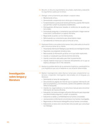 66
Bases Curriculares 2015 | 7° básico a 2° medio | Lengua y Literatura
20. Resumir un discurso argumentativo escuchado, explicando y evaluando
los argumentos usados por el emisor.
21. Dialogar constructivamente para debatir o explorar ideas:
• Manteniendo el foco.
• Demostrando comprensión de lo dicho por el interlocutor.
• Fundamentando su postura de manera pertinente y usando información
que permita cumplir los propósitos establecidos.
• Distinguiendo afirmaciones basadas en evidencias de aquellas que
no lo están.
• Formulando preguntas o comentarios que estimulen o hagan avanzar
la discusión o profundicen un aspecto del tema.
• Negociando acuerdos con los interlocutores.
• Reformulando sus comentarios para desarrollarlos mejor.
• Considerando al interlocutor para la toma de turnos.
22. Expresarse frente a una audiencia de manera clara y adecuada a la situación
para comunicar temas de su interés:
• Presentando información fidedigna y que denota una investigación previa.
• Siguiendo una progresión temática clara.
• Relacionando la información ya dicha con la que están explicando.
• Usando un vocabulario que denota dominio del tema.
• Usando conectores adecuados para hilar la presentación.
• Usando material visual que se relacione directamente con lo que se
explica y destaque solo lo más relevante.
23. Analizar los posibles efectos de los elementos lingüísticos, paralingüísticos
y no lingüísticos que usa un hablante en una situación determinada.
24. Realizar investigaciones sobre diversos temas para complementar sus
lecturas o responder interrogantes relacionadas con el lenguaje y la
literatura:
• Delimitando el tema de investigación.
• Descartando las páginas de internet que no aportan información útil
para sus propósitos y, si es necesario, usando otras palabras clave para
refinar la búsqueda.
• Usando los organizadores y la estructura textual para encontrar
información de manera eficiente.
• Evaluando si los textos entregan suficiente información para responder
una determinada pregunta o cumplir un propósito.
• Evaluando la validez y confiabilidad de las fuentes consultadas.
• Jerarquizando la información encontrada en las fuentes investigadas.
• Registrando la información bibliográfica de las fuentes consultadas.
• Elaborando un texto oral o escrito bien estructurado que comunique
sus hallazgos.
Investigación
sobre lengua y
literatura
 