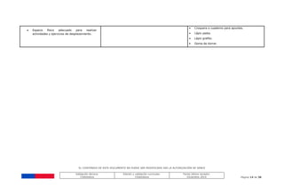 EL CONTENIDO DE ESTE DOCUMENTO NO PUEDE SER MODIFICADO SIN LA AUTORIZACIÓN DE SENCE
Validación técnica:
ChileValora
Edición y validación curricular:
ChileValora
Fecha última revisión:
Diciembre 2014 Página 14 de 38
 Espacio físico adecuado para realizar
actividades y ejercicios de desplazamiento.
• Croquera o cuaderno para apuntes.
• Lápiz pasta.
• Lápiz grafito.
• Goma de borrar.
 