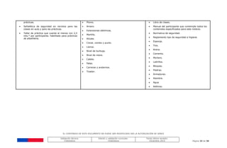 EL CONTENIDO DE ESTE DOCUMENTO NO PUEDE SER MODIFICADO SIN LA AUTORIZACIÓN DE SENCE
Validación técnica:
ChileValora
Edición y validación curricular:
ChileValora
Fecha última revisión:
Diciembre 2014 Página 25 de 38
prácticas.
 Señalética de seguridad en recintos para las
clases en aula y para las prácticas.
 Taller de práctica que cuente al menos con 2,5
mts.² por participante, habilitado para prácticas
de albañilería.
 Plomo.
 Arnero.
 Extensiones eléctricas.
 Martillo.
 Alicate.
 Cincel, combo y punto.
 Lienza.
 Nivel de burbuja.
 Nivel de mano.
 Catete.
 Palas.
 Carreras y andamios.
 Tizador.
 Libro de clases.
 Manual del participante que contemple todos los
contenidos especificados para este módulo.
 Normativa de seguridad.
 Reglamento tipo de seguridad e higiene.
 Esponja.
 Tiza.
 Arena.
 Cemento.
 Mortero.
 Ladrillos.
 Bloques.
 Piedras.
 Armaduras.
 Alambre.
 Agua.
 Aditivos.
 