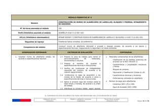 EL CONTENIDO DE ESTE DOCUMENTO NO PUEDE SER MODIFICADO SIN LA AUTORIZACIÓN DE SENCE
Validación técnica:
ChileValora
Edición y validación curricular:
ChileValora
Fecha última revisión:
Diciembre 2014 Página 26 de 38
MÓDULO FORMATIVO N° 6
Nombre
CONSTRUCCIÓN DE MUROS DE ALBAÑILERÍA DE LADRILLOS, BLOQUES Y PIEDRAS; AFINAMIENTO
DE RADIERES.
N° de horas asociadas al módulo 100
Perfil ChileValora asociado al módulo ALBAÑIL/P-4100-7112-001-V02.
UCL(s) ChileValora relacionada(s) AFINAR RADIER Y CONSTRUIR MUROS DE ALBAÑILERÍA DE LADRILLO Y BLOQUES/ U-4100-7112-001-V02.
Requisitos de ingreso Enseñanza básica completa, de preferencia.
Competencia del módulo
Construir muros de albañilería reforzada y armada y bloques simples, de acuerdo a los planos y
especificaciones técnicas, resguardando la seguridad y el medio ambiente.
APRENDIZAJES ESPERADOS CRITERIOS DE EVALUACIÓN CONTENIDOS
1. Levantar muros de albañilería simple, de
acuerdo a especificaciones técnicas.
1.1 Prepara la zona de trabajo para recibir el
aprovisionamiento de materiales,
herramientas e insumos.
1.2 Prepara el mortero, de acuerdo a
especificaciones técnicas e instrucciones.
1.3 Verifica las condiciones de trabajabilidad
requerida del mortero, de acuerdo a la
relación agua/cemento.
1.4 Confecciona la regla de escantillón y los
niveles de la hilada, de acuerdo a plano y
especificaciones técnicas e instrucciones.
1.5 Aplica la primera capa del mortero sobre la
base limpia y húmeda, de acuerdo a la orden
de trabajo.
1.6 Distribuye la primera hilada, según aparejo
 Materiales componentes de las albañilerías.
- Clasificación de los ladrillos cerámicos de
acuerdo con la NCh 169 EOf 73
- Características y propiedades mecánicas
y físicas
- Bloques de cemento
- Fabricación y Clasificación (Clases A y B)
- Características térmicas y Acústicas
- Enfierraduras utilizadas en albañilería
 Mortero de pega para albañilerías.
- Cementos (NCh 170 y 148)
- Agua de Amasado (NCh 1498)
 