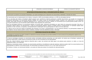 EL CONTENIDO DE ESTE DOCUMENTO NO PUEDE SER MODIFICADO SIN LA AUTORIZACIÓN DE SENCE
Validación técnica:
ChileValora
Edición y validación curricular:
ChileValora
Fecha última revisión:
Diciembre 2014 Página 30 de 38
artesanales o productos tecnológicos. ensayos a la compresión (Kgf/cm2)
ESTRATEGIAS METODOLÓGICAS PARA LA IMPLEMENTACIÓN DEL MÓDULO
A continuación se presenta una propuesta metodológica, que sugiere estrategias para la adquisición de conocimientos, habilidades y actitudes del módulo.
Se recomienda que la implementación del módulo, incorporé un 60% de actividades prácticas y un 40% de actividades teóricas.
Por la naturaleza del módulo el facilitador deberá preparar gran cantidad de material audiovisual y también documentos, que ayuden en el proceso de
enseñanza aprendizaje. Se recomienda además, trabajar con videos, donde los participantes puedan visualizar una construcción en sus diferentes
etapas, para luego reconocer los aspectos específicos de la construcción de muros y radieres. Se recomienda que los participantes puedan contar con
una guía de ejercicios, que les permitan poder trabajar sobre esquemas de construcción.
Para las actividades prácticas, se recomienda trabajar en formato taller, realizando actividades por cada criterio de evaluación enunciado. Para ello, el
facilitador deberá realizar una demostración y luego los participantes deberán realizar el trabajo práctico correspondiente. El facilitador deberá estar
presente en todo momento, corrigiendo y retroalimentando el desempeño de los participantes en cada uno de los ejercicios.
Lo ideal es que al inicio del módulo el facilitador fije proyectos, por grupo e individualmente y en las sucesivas sesiones, los participantes trabajen con
ese objetivo. De esa manera podrán construir radieres y levantar muros de albañilería simple y reforzada
ESTRATEGIA EVALUATIVA DEL MÓDULO
La estrategia de evaluación del módulo considera la realización de diversas actividades que permitan identificar el nivel de avance de los participantes respecto de los
aprendizajes esperados del módulo.
A modo de estrategia evaluativa, se recomienda realizar actividades prácticas evaluativas, por cada sesión, de manera que el facilitador mediante una
pauta de observación, pueda revisar los avances de cada uno de los proyectos de los participantes.
Para ello, deberá elaborar pautas donde se describa paso a paso, las acciones que debe seguir una persona para construir un radier, un muro de
albañilería simple y uno reforzado.
Además se recomienda realizar controles de conocimientos periódicos, de preferencia cada dos sesiones, donde se pueda medir los conocimientos de los
participantes en relación a las construcciones. Se recomienda una escala de nota de 1.0 a 7.0 con nota mínima de 4.0
Al finalizar el módulo, se recomienda también, una escala de notas para evaluar los proyectos de cada participante.
 