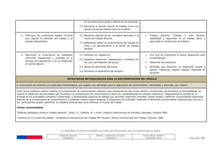 EL CONTENIDO DE ESTE DOCUMENTO NO PUEDE SER MODIFICADO SIN LA AUTORIZACIÓN DE SENCE
Validación técnica:
ChileValora
Edición y validación curricular:
ChileValora
Fecha última revisión:
Diciembre 2014 Página 5 de 38
en la construcción social y laboral de las personas.
2.4 Reconoce la división sexual de trabajo como una
barrera de acceso laboral para las mujeres.
3. Distinguir las condiciones legales mínimas
que regulan el mercado del trabajo y el
empleo dependiente.
3.1 Reconoce algunos de los conceptos asociados a la
noción de trabajo decente.
3.2 Reflexionar sobre las características del trabajo en
Chile y su aproximación a la noción de trabajo
decente.
 Trabajo Decente (Trabajo y vida familiar,
estabilidad y seguridad en el trabajo salud y
seguridad en condiciones de trabajo)
4. Reconocer la importancia de establecer
relaciones respetuosas y cordiales en el
proceso de capacitación y en la integración
al mundo laboral.
4.1 Participa con disposición.
4.2 Establece relaciones respetuosas y cordiales con
las y los participantes del grupo.
4.3 Apoya las decisiones del grupo.
4.4 Reconoce la experiencia de otros/as.
 ¿Por qué es importante la buena disposición para
el aprendizaje?
 Desarrollo de relaciones.
 Actitudes que favorecen la integración grupal y
laboral: Tolerancia, respeto, rapport, capacidad de
escuchar.
ESTRATEGIAS METODOLÓGICAS PARA LA IMPLEMENTACIÓN DEL MÓDULO
A continuación se presenta una propuesta metodológica, que sugiere una estrategia para la adquisición de conocimientos, habilidades y actitudes, por módulo.
Dado que el presente módulo enfatiza en la adquisición de conocimientos respecto a las características del mundo laboral y los factores que favorecen la empleabilidad, se
sugiere el desarrollo de actividades que favorezcan la incorporación de conocimientos a partir de presentaciones de carácter expositivo, resguardando la claridad en la
entrega de los principales conceptos a desarrollar, y garantizando espacios de diálogo que permitan responder consultas, disipar dudas y reafirmar conocimientos adquiridos.
Además de la incorporación de conocimientos, el presente módulo espera propiciar la adquisición de actitudes, mediante el desarrollo de actividades prácticas para que las y
los participantes puedan identificar los desafíos actitudinales para enfrentar el mundo del trabajo
Textos recomendados
“Material pedagógico sobre el trabajo decente”. Gham, D.; Godfrey, M. y otros. Instituto Internacional de Estudios Laborales, Ginebra 2006
“Cambios en el mundo del trabajo”. Conferencia Internacional del Trabajo 95ª reunión. Oficina Internacional del Trabajo. Ginebra, 2006
 
