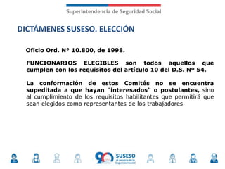 DICTÁMENES SUSESO. ELECCIÓN
Oficio Ord. N° 10.800, de 1998.
FUNCIONARIOS ELEGIBLES son todos aquellos que
cumplen con los requisitos del artículo 10 del D.S. Nº 54.
La conformación de estos Comités no se encuentra
supeditada a que hayan "interesados" o postulantes, sino
al cumplimiento de los requisitos habilitantes que permitirá que
sean elegidos como representantes de los trabajadores
 
