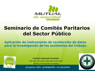 Agregamos valor, protegiendo a las personas. 12
APLICACIÓN DE INSTRUMENTO DE RECOLECCIÓN DE DATOS p/ C. P.
Seminario de Comités Paritarios
del Sector Público
Demetrio Valenzuela Hernández
Jefe Dpto. Normativo Seguridad Ocupacional
Gerencia de Prevención de Riesgos
Aplicación de instrumento de recolección de datos
para la investigación de los accidentes del trabajo.
 