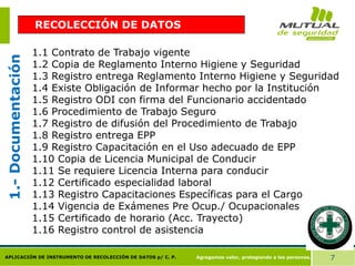 Agregamos valor, protegiendo a las personas. 7
APLICACIÓN DE INSTRUMENTO DE RECOLECCIÓN DE DATOS p/ C. P.
1.1 Contrato de Trabajo vigente
1.2 Copia de Reglamento Interno Higiene y Seguridad
1.3 Registro entrega Reglamento Interno Higiene y Seguridad
1.4 Existe Obligación de Informar hecho por la Institución
1.5 Registro ODI con firma del Funcionario accidentado
1.6 Procedimiento de Trabajo Seguro
1.7 Registro de difusión del Procedimiento de Trabajo
1.8 Registro entrega EPP
1.9 Registro Capacitación en el Uso adecuado de EPP
1.10 Copia de Licencia Municipal de Conducir
1.11 Se requiere Licencia Interna para conducir
1.12 Certificado especialidad laboral
1.13 Registro Capacitaciones Específicas para el Cargo
1.14 Vigencia de Exámenes Pre Ocup./ Ocupacionales
1.15 Certificado de horario (Acc. Trayecto)
1.16 Registro control de asistencia
1.-
Documentación
RECOLECCIÓN DE DATOS
 