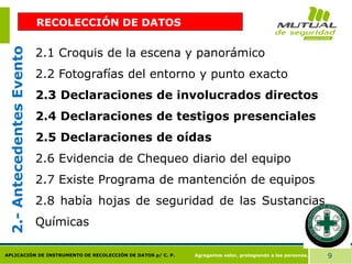 Agregamos valor, protegiendo a las personas. 9
APLICACIÓN DE INSTRUMENTO DE RECOLECCIÓN DE DATOS p/ C. P.
2.1 Croquis de la escena y panorámico
2.2 Fotografías del entorno y punto exacto
2.3 Declaraciones de involucrados directos
2.4 Declaraciones de testigos presenciales
2.5 Declaraciones de oídas
2.6 Evidencia de Chequeo diario del equipo
2.7 Existe Programa de mantención de equipos
2.8 había hojas de seguridad de las Sustancias
Químicas
2.-
Antecedentes
Evento RECOLECCIÓN DE DATOS
 