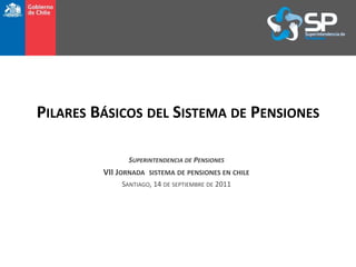 PILARES BÁSICOS DEL SISTEMA DE PENSIONES
SUPERINTENDENCIA DE PENSIONES
VII JORNADA SISTEMA DE PENSIONES EN CHILE
SANTIAGO, 14 DE SEPTIEMBRE DE 2011
 