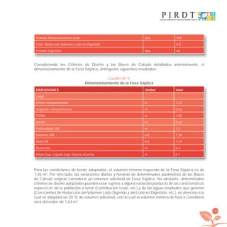 159
Período Almacenamiento Lodo días 365
Coef. Reducción Volumen Lodo en Digestión 0,5
Período Digestión días 60
Considerando los Criterios de Diseño y las Bases de Cálculo detallados anteriormente, el
dimensionamiento de la Fosa Séptica, entrega los siguientes resultados:
Cuadro Nº 5.
Dimensionamiento de la Fosa Séptica
DIMENSIONES Unidad Valor
Largo
Primer compartimento m. 1,23
Segundo Compartimento m. 0,62
TOTAL m. 1,85
Ancho m, 0,62
Profundidad Útil m. 1,2
Volumen Útil m3 1,36
Área Útil m2 1,14
Revancha m. 0,3
Altura Sup. Líquido bajo Tubería Aﬂuente m. 0,1
Para las condiciones de borde adoptadas, el volumen mínimo requerido de la Fosa Séptica es de
1,36 m3
. Por otro lado, las variaciones diarias y horarias de determinados parámetros de las Bases
de Cálculo exigirán considerar un volumen adicional de Fosa Séptica. No obstante, determinados
criterios de diseño adoptados pueden estar sujetos a alguna variación producto de las características
especíﬁcas de la población a servir (Contribución Lodo, etc.) y de las aguas residuales que generen
(Coeﬁcientes de Reducción del Volumen Lodo Digerido y del Lodo en Digestión, etc.), en atención a lo
cual se adoptará un 20 % de volumen adicional, con lo cual el volumen mínimo de fosa a considerar
será del orden de 1,63 m3
.
libroPIRDTultimas correcciones.indd 159libroPIRDTultimas correcciones.indd 159 8/10/09 11:07:328/10/09 11:07:32
 