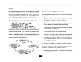 MINISTERIO DE EDUCACIÓN NACIONAL
14
educativo.
Por tanto, la propuesta de evaluación está concebida para realizarse
durante todo el año lectivo como un proceso sistemático de obtención
de información confiable y válida que permita ponderar el logro de los
resultados y el grado de cumplimiento de las responsabilidades inhe-
rentes al cargo que desempeña el docente o directivo docente.
V. Proceso de la Evaluación de
desempeño
LA EVALUACIÓN NO ES
ACCIÓN DE UN DÍA:
TOMA TIEMPO OBSERVAR
LOGROS Y FIJARSE METAS
Es importante tener presente, como ya se ha dicho, que la evaluación
está enfocada al mejoramiento de la calidad de la educación y forma
parte de la gestión administrativa y pedagógica de la institución y en
consecuencia requiere de un proceso cuidadoso para que surta los
efectos esperados de manera satisfactoria.
El proceso de evaluación se ha organizado en cuatro momentos:
1. Cómo preparar la evaluación
El proceso de evaluación debe contar con un momento de preparación
que garantice:
• Total conocimiento y plena comprensión del proceso general de
la evaluación por parte de la comunidad educativa.
• Conformación del equipo evaluador para la recolección de infor-
mación y seguimiento al plan de desarrollo profesional.
• Conocimiento de los instrumentos y la metodología por parte del
equipo evaluador y los evaluados.
• Organización del proceso para todo el año escolar.
• Definición y concertación de los criterios y los instrumentos ne-
cesarios para la recolección de la información, el seguimiento a
los compromisos, el registro de las observaciones, diálogos, reu-
niones y demás actividades en torno a la evaluación de desem-
peño y el plan de desarrollo.
2. Su desarrollo durante el año académico
Como se ha insistido, la evaluación es un proceso sistemático que se
lleva a cabo durante todo el año académico e implica:
A) La recolección de información y la identificación de evidencias
válidas y confiables.
 