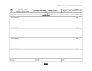 39
MANUAL DE LA EVALUACIÓN DE DESEMPEÑO
Código:
Código:
Código:
Aspecto del desempeño:
Aspecto del desempeño:
FORMATO B
COORDINADOR
REPÚBLICA DE COLOMBIA
PLAN DE DESARROLLO PROFESIONALMINISTERIO DE EDUCACIÓN NACIONAL
COMPROMISOS
Para el año lectivo
Código:
Firma del
coordinador
Ciudad y
fecha
Firma del
evaluador
Nombre de la instución
educativa
Nombre del
coordinador
Aspecto del desempeño:
Aspecto del desempeño:
 