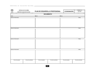 MINISTERIO DE EDUCACIÓN NACIONAL
40
SEGUIMIENTO
Firma del coordinadorFirma del evaluador Firma del coordinador
Fecha FechaFecha
Firma del evaluador Firma del coordinador Firma del evaluador
Aspecto del desempeño:
Aspecto del desempeño:
Aspecto del desempeño:
Aspecto del desempeño:
FORMATO B
Año lectivoCOORDINADOR
REPÚBLICA DE COLOMBIA
PLAN DE DESARROLLO PROFESIONALMINISTERIO DE EDUCACIÓN NACIONAL
Código:
Código:
Código:
Código:
 