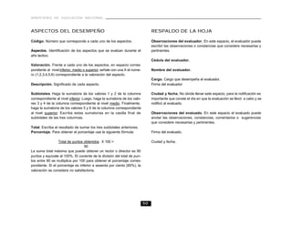 MINISTERIO DE EDUCACIÓN NACIONAL
50
ASPECTOS DEL DESEMPEÑO
Código. Número que corresponde a cada uno de los aspectos.
Aspectos. Identificación de los aspectos que se evalúan durante el
año lectivo.
Valoración. Frente a cada uno de los aspectos, en espacio corres-
pondiente al nivel inferior, medio o superior, señale con una X el núme-
ro (1,2,3,4,5,6) correspondiente a la valoración del aspecto.
Descripción. Significado de cada aspecto.
Subtotales. Haga la sumatoria de los valores 1 y 2 de la columna
correspondiente al nivel inferior. Luego, haga la sumatoria de los valo-
res 3 y 4 de la columna correspondiente al nivel medio. Finalmente,
haga la sumatoria de los valores 5 y 6 de la columna correspondiente
al nivel superior. Escriba estas sumatorias en la casilla final de
subtotales de las tres columnas.
Total. Escriba el resultado de sumar los tres subtotales anteriores.
Porcentaje. Para obtener el porcentaje use la siguiente fórmula:
Total de puntos obtenidos X 100 =
90
La suma total máxima que puede obtener un rector o director es 90
puntos y equivale al 100%. El cociente de la división del total de pun-
tos entre 90 se multiplica por 100 para obtener el porcentaje corres-
pondiente. Si el porcentaje es inferior a sesenta por ciento (60%), la
valoración se considera no satisfactoria.
RESPALDO DE LA HOJA
Observaciones del evaluador. En este espacio, el evaluador puede
escribir las observaciones o constancias que considere necesarias y
pertinentes.
Cédula del evaluador.
Nombre del evaluador.
Cargo. Cargo que desempeña el evaluador.
Firma del evaluador
Ciudad y fecha. No olvide llenar este espacio, para la notificación es
importante que conste el día en que la evaluación se llevó a cabo y se
notificó al evaluado.
Observaciones del evaluado. En este espacio el evaluado puede
anotar las observaciones, constancias, comentarios o sugerencias
que considere necesarias y pertinentes.
Firma del evaluado.
Ciudad y fecha.
 
