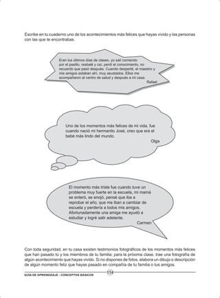 GUÍA DE APRENDIZAJE - CONCEPTOS BÁSICOS
114
Escribe en tu cuaderno uno de los acontecimientos más felices que hayas vivido y las personas
con las que te encontrabas.
El momento más triste fue cuando tuve un
problema muy fuerte en la escuela, mi mamá
se enteró, se enojó, pensé que iba a
reprobar el año, que me iban a cambiar de
escuela y perdería a todos mis amigos.
Afortunadamente una amiga me ayudó a
estudiar y logré salir adelante.
Carmen
Uno de los momentos más felices de mi vida, fue
cuando nació mi hermanito José, creo que era el
bebé más lindo del mundo.
Olga
Eran los últimos días de clases, yo salí corriendo
por el pasillo, resbalé y caí, perdí el conocimiento, no
recuerdo que pasó después. Cuando desperté, el maestro y
mis amigos estaban ahí, muy asustados. Ellos me
acompañaron al centro de salud y después a mi casa.
Rafael
Con toda seguridad, en tu casa existen testimonios fotográficos de los momentos más felices
que han pasado tú y los miembros de tu familia; para la próxima clase, trae una fotografía de
algún acontecimiento que hayas vivido. Si no dispones de fotos, elabora un dibujo o descripción
de algún momento feliz que hayas pasado en compañía de tu familia o tus amigos.
 