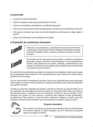 EDUCACIÓN ÉTICA Y EN VALORES HUMANOS
121
La gente pide
• ¿Cuál era la meta de todos/as?
• ¿Cómo se organizó cada equipo para alcanzar la meta?
• ¿Cómo se manifestó la solidaridad en los diferentes equipos?
• ¿Cómo fue la comunicación dentro de cada equipo? ¿Se escuchó a los diferentes miembros?
• ¿Por qué era necesario que cada uno/a de los integrantes contribuyera con algún objeto o
acción?
• ¿Cómo se sintió cada uno/a al participar en el juego?
4. Expresión de nosotros/as mismos/as
Presenta a tus compañeros y compañeras el avance de la historia de
tu personaje, al cual en cada núcleo le integraste características acordes
a los temas tratados; forma un equipo y empieza a construir una obra
de teatro.
De acuerdo con las indicaciones de tu profesor o profesora, presenta tu
personaje al grupo; para ello, recuerda algunas de sus características:
nombre, edad, algunos de sus gustos, intereses, características de sus
amigos y su familia, así como algunos de los problemas que ha enfrentado
y la manera como lo ha hecho.
Pon atención a la presentación que hagan tus compañeros y compañeras; observa qué rasgos
de sus personajes tienen relación con las características del tuyo. Piensa con cuál de ellos te
gustaría formar un equipo.
Una vez que termine la presentación de todos, busca a los compañeros/as cuyos personajes
tienen rasgos en común con el tuyo y formen un equipo, de acuerdo con el número de integrantes
que señale tu docente.
Cuando se encuentren integrados los equipos, empiecen a construir una obra de teatro, en la
que participen los personajes que forman el equipo; la obra puede tratar sobre una aventura
que pasarán juntos, un problema al que se enfrentarán, la forma en que se divierten, o bien,
cualquier otro suceso. En esa aventura o problema ellos deberán mostrar solidaridad y
compañerismo. Para construir su obra de teatro, empiecen a elaborar un guión; para ello,
consulten el texto El guión dramático, que se encuentra en la sección ¿Cómo se hace?
El guión dramático
Para construir una historia que pueda ser presentada como una obra de teatro
es necesario elaborar un guión dramático, así se le denomina al esquema
básico que seguirá la historia.
 