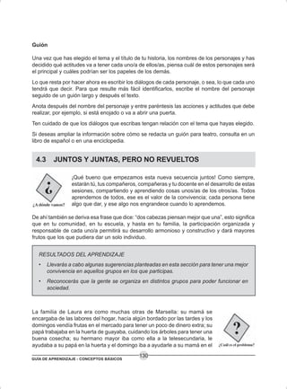 GUÍA DE APRENDIZAJE - CONCEPTOS BÁSICOS
130
Guión
Una vez que has elegido el tema y el título de tu historia, los nombres de los personajes y has
decidido qué actitudes va a tener cada uno/a de ellos/as, piensa cuál de estos personajes será
el principal y cuáles podrían ser los papeles de los demás.
Lo que resta por hacer ahora es escribir los diálogos de cada personaje, o sea, lo que cada uno
tendrá que decir. Para que resulte más fácil identificarlos, escribe el nombre del personaje
seguido de un guión largo y después el texto.
Anota después del nombre del personaje y entre paréntesis las acciones y actitudes que debe
realizar, por ejemplo, si está enojado o va a abrir una puerta.
Ten cuidado de que los diálogos que escribas tengan relación con el tema que hayas elegido.
Si deseas ampliar la información sobre cómo se redacta un guión para teatro, consulta en un
libro de español o en una enciclopedia.
4.3 JUNTOS Y JUNTAS, PERO NO REVUELTOS
¡Qué bueno que empezamos esta nueva secuencia juntos! Como siempre,
estarán tú, tus compañeros, compañeras y tu docente en el desarrollo de estas
sesiones, compartiendo y aprendiendo cosas unos/as de los otros/as. Todos
aprendemos de todos, ese es el valor de la convivencia; cada persona tiene
algo que dar, y ese algo nos engrandece cuando lo aprendemos.
De ahí también se deriva esa frase que dice: “dos cabezas piensan mejor que una”, esto significa
que en tu comunidad, en tu escuela, y hasta en tu familia, la participación organizada y
responsable de cada uno/a permitirá su desarrollo armonioso y constructivo y dará mayores
frutos que los que pudiera dar un solo individuo.
RESULTADOS DEL APRENDIZAJE
• Llevarás a cabo algunas sugerencias planteadas en esta sección para tener una mejor
convivencia en aquellos grupos en los que participas.
• Reconocerás que la gente se organiza en distintos grupos para poder funcionar en
sociedad.
La familia de Laura era como muchas otras de Marsella: su mamá se
encargaba de las labores del hogar, hacía algún bordado por las tardes y los
domingos vendía frutas en el mercado para tener un poco de dinero extra; su
papá trabajaba en la huerta de guayaba, cuidando los árboles para tener una
buena cosecha; su hermano mayor iba como ella a la telesecundaria, le
ayudaba a su papá en la huerta y el domingo iba a ayudarle a su mamá en el
 