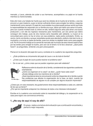 EDUCACIÓN ÉTICA Y EN VALORES HUMANOS
131
mercado, y Laura, además de cuidar a sus hermanos, acompañaba a su papá en la huerta
mientras su mamá bordaba.
Este año hubo una helada tan fuerte que secó los árboles de la huerta de la familia, y eso les
provocó un gran trastorno, pues no tenían suficiente dinero para arreglar los daños y seguirse
manteniendo como siempre. El papá de Laura estaba muy preocupado porque sentía que toda
la responsabilidad de responder por su familia era suya, sabía que había que salvar la huerta,
pero aun cuando invirtiera todo su dinero en ello, tardaría algunos años para tener una buena
producción y con ello los ingresos necesarios para mantenerse, por eso pensó que debía
conseguir otro trabajo, pues de otra manera sería imposible salir adelante. Lo buscó en la
comunidad pero como no fue el único con ese problema, nadie podía contratarlo. Emilio, su
vecino, tenía una tienda y aunque necesitaba ayuda para atenderla, prefería más bien la de un
muchacho y no la de un padre de familia, pues sus ventas no dejaban tanto como para pagarle
a él. Por fin encontró trabajo en la central de mercado del municipio de esta manera estaría libre
por las tardes para arreglar la huerta, pero aún así el dinero no le iba a alcanzar. ¿Qué podía
hacer?, se preguntaba, sintiendo una gran preocupación.
Piensa en la situación del papá de Laura y contesta en tu cuaderno las siguientes preguntas:
• ¿Este problema es únicamente del papá de Laura o es de toda la familia?
• ¿Crees que el papá de Laura pueda resolver el problema solo?
• De no ser así, ¿cómo crees que se puedan organizar para salir adelante?
Reflexiona sobre la situación de tu familia, considerando las siguientes cuestiones
orientadoras:
¿Cómo se organizan en tu casa?, es decir, ¿quién hace cada cosa?
¿Existe diálogo entre los miembros de tu familia?
¿Qué importancia tiene la comunicación entre los integrantes de tu familia cuando
hay problemas que afectan la organización de la casa, es decir, cuando las
responsabilidades de alguien no se cumplen por alguna situación imprevista?
¿Crees que, en caso necesario, les gustaría tener otras responsabilidades a cada uno, además
de las que ya tienen?
¿Por qué es importante anteponer los intereses de todos a los intereses individuales?
Escribe en tu cuaderno una conclusión sobre la necesidad del diálogo y la cooperación en tu
casa para lograr una convivencia armónica.
1. ¿No soy de aquí ni soy de allá?
En grupo, realiza una lectura de la situación que a continuación encontrarás y
piensa la mejor respuesta.
 